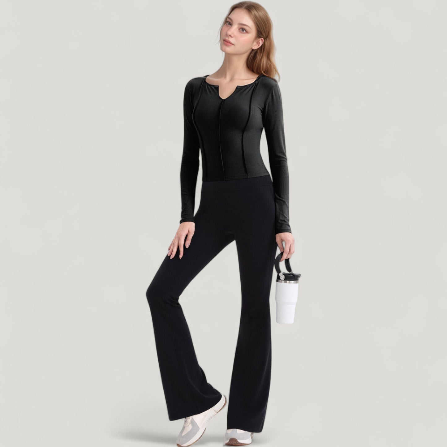 Anna-Kaci Active Women's Long Sleeve Fitted Athletic Top with Notch Neckline and Contoured Seams