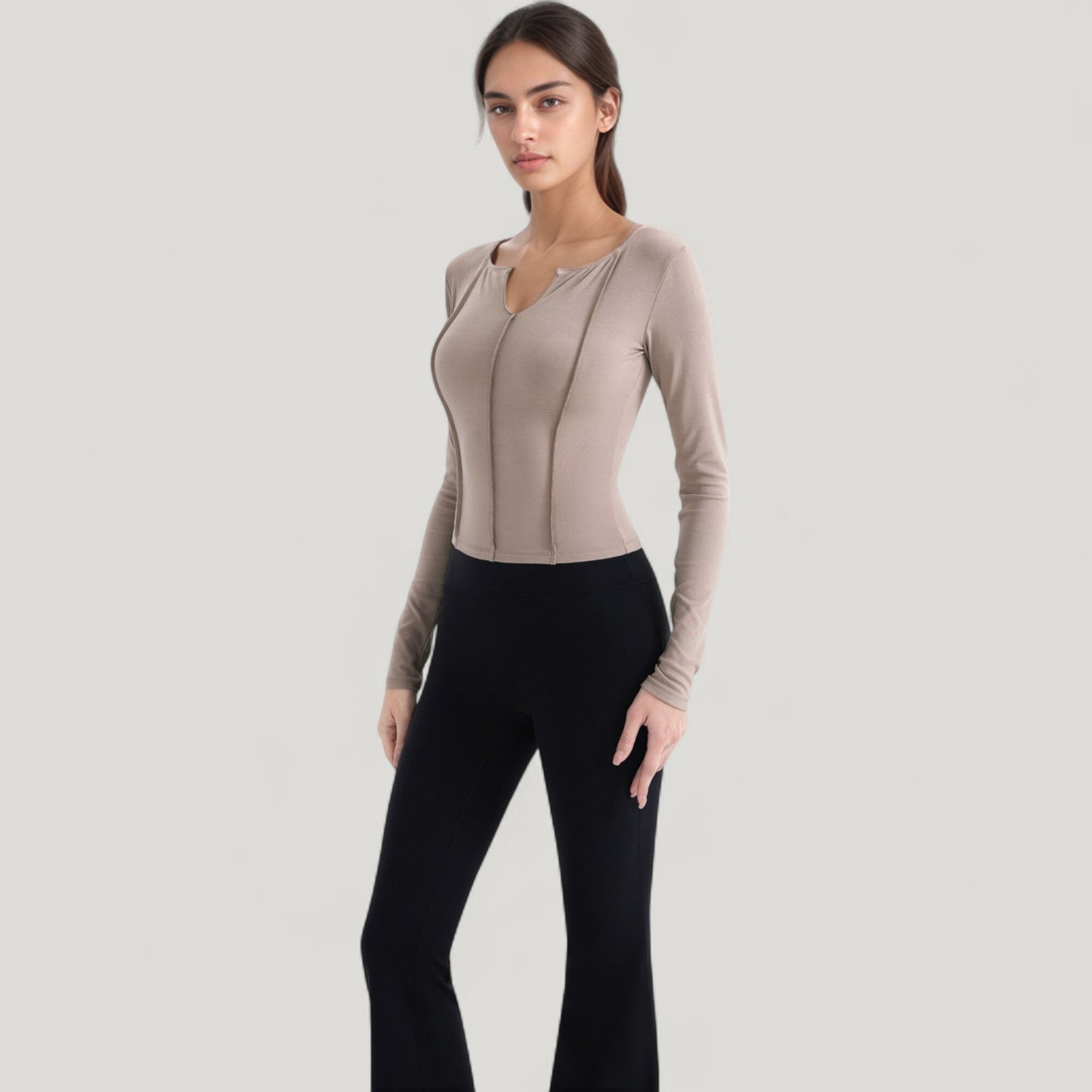 Anna-Kaci Active Women's Long Sleeve Fitted Athletic Top with Notch Neckline and Contoured Seams