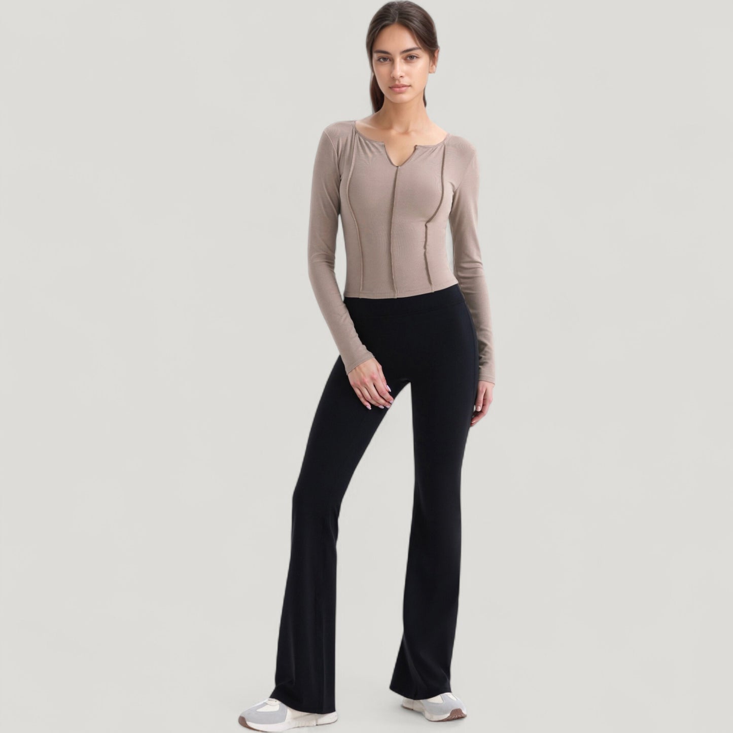 Anna-Kaci Active Women's Long Sleeve Fitted Athletic Top with Notch Neckline and Contoured Seams