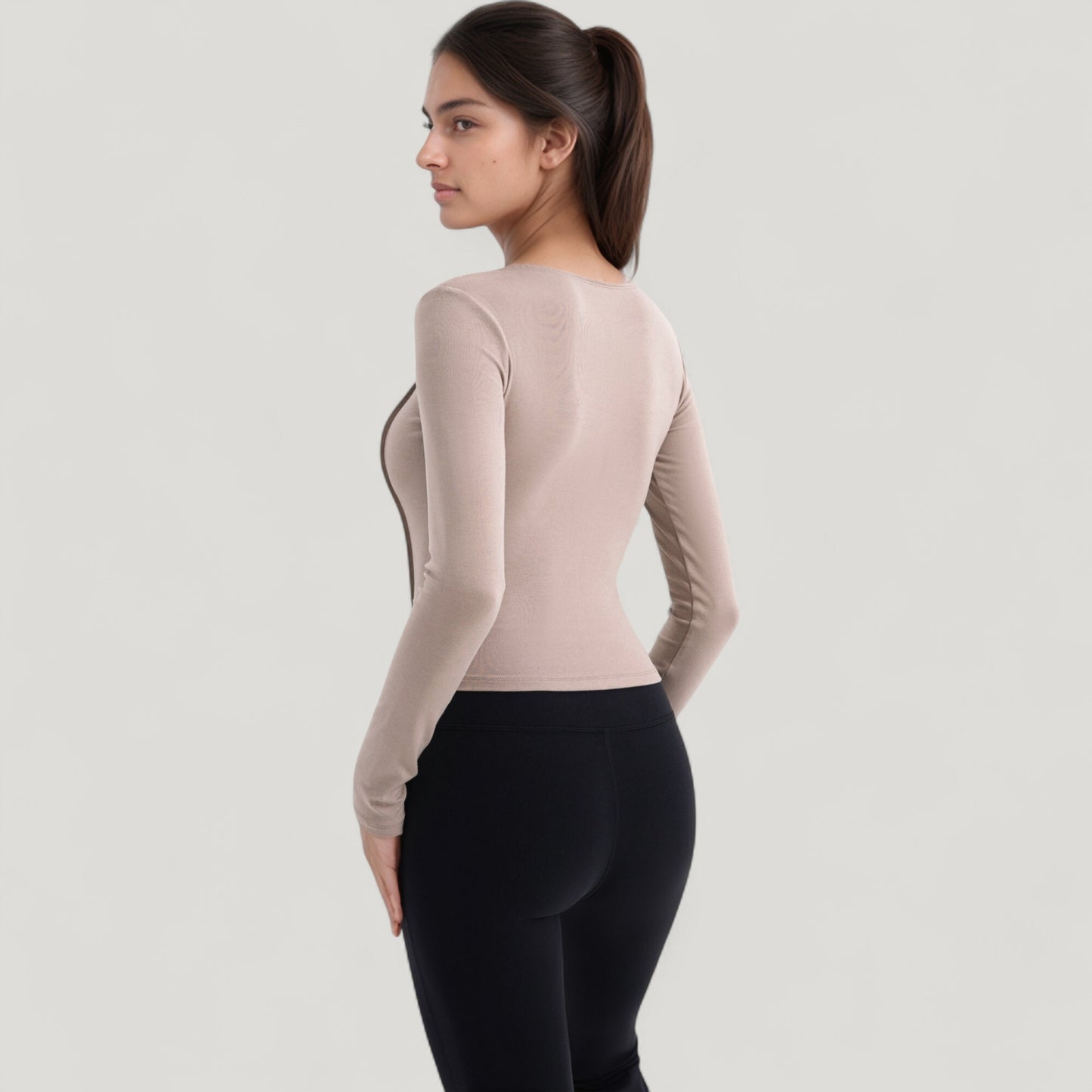 Anna-Kaci Active Women's Long Sleeve Fitted Athletic Top with Notch Neckline and Contoured Seams