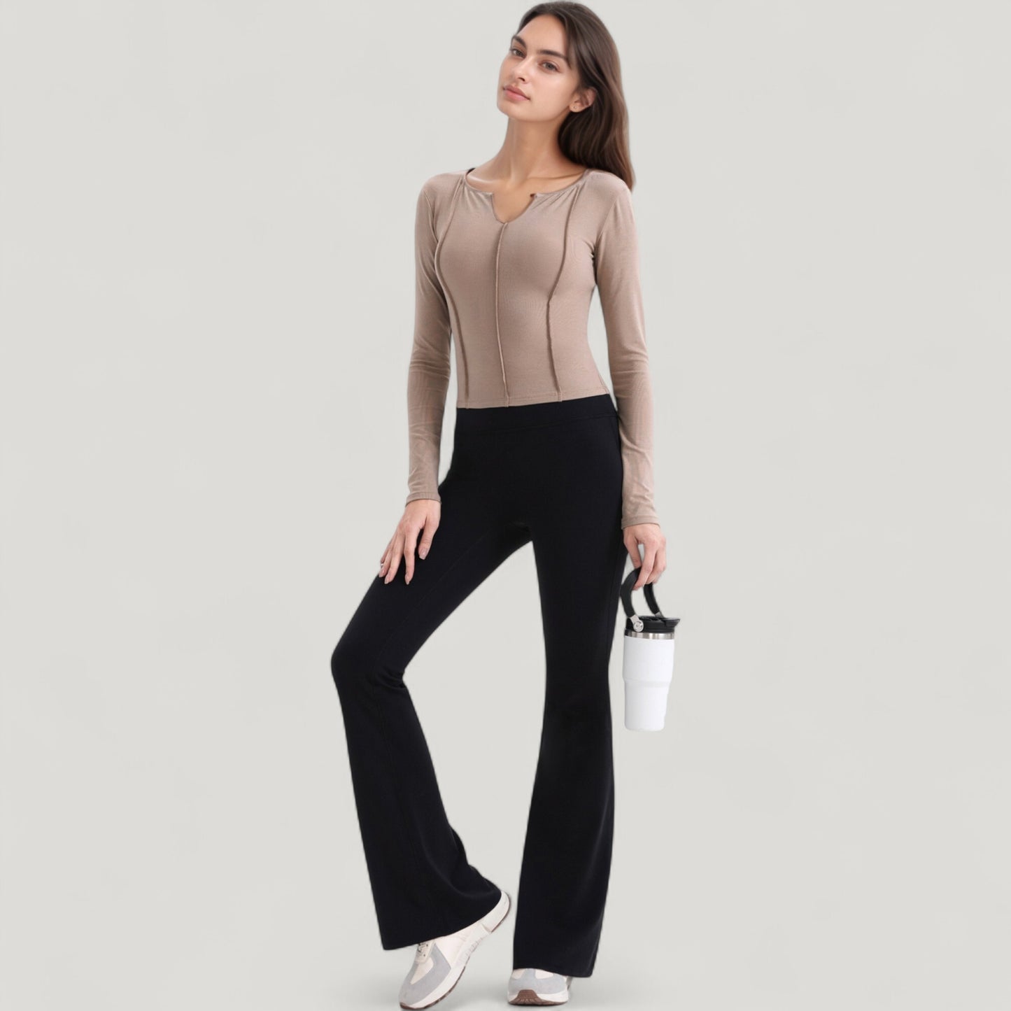 Anna-Kaci Active Women's Long Sleeve Fitted Athletic Top with Notch Neckline and Contoured Seams