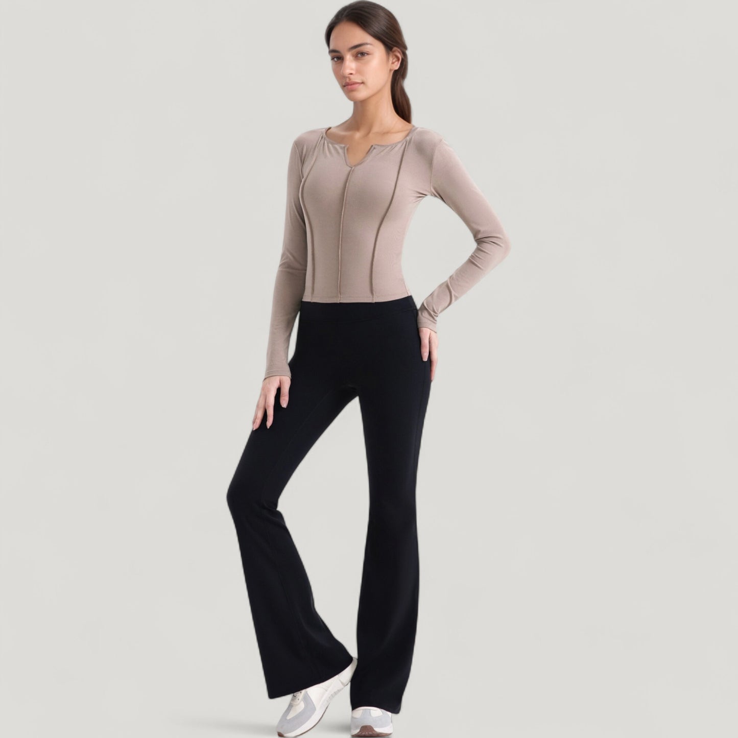 Anna-Kaci Active Women's Long Sleeve Fitted Athletic Top with Notch Neckline and Contoured Seams
