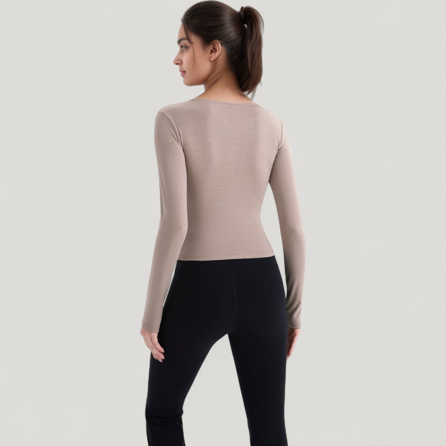 Anna-Kaci Active Women's Long Sleeve Fitted Athletic Top with Notch Neckline and Contoured Seams