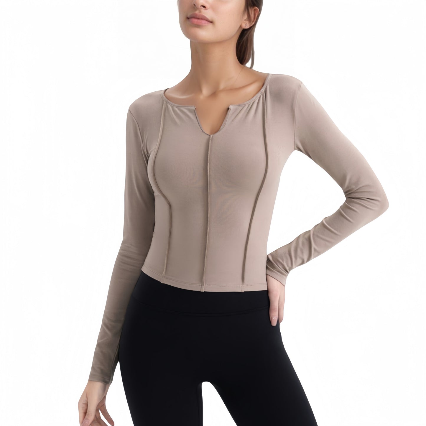Anna-Kaci Active Women's Long Sleeve Fitted Athletic Top with Notch Neckline and Contoured Seams