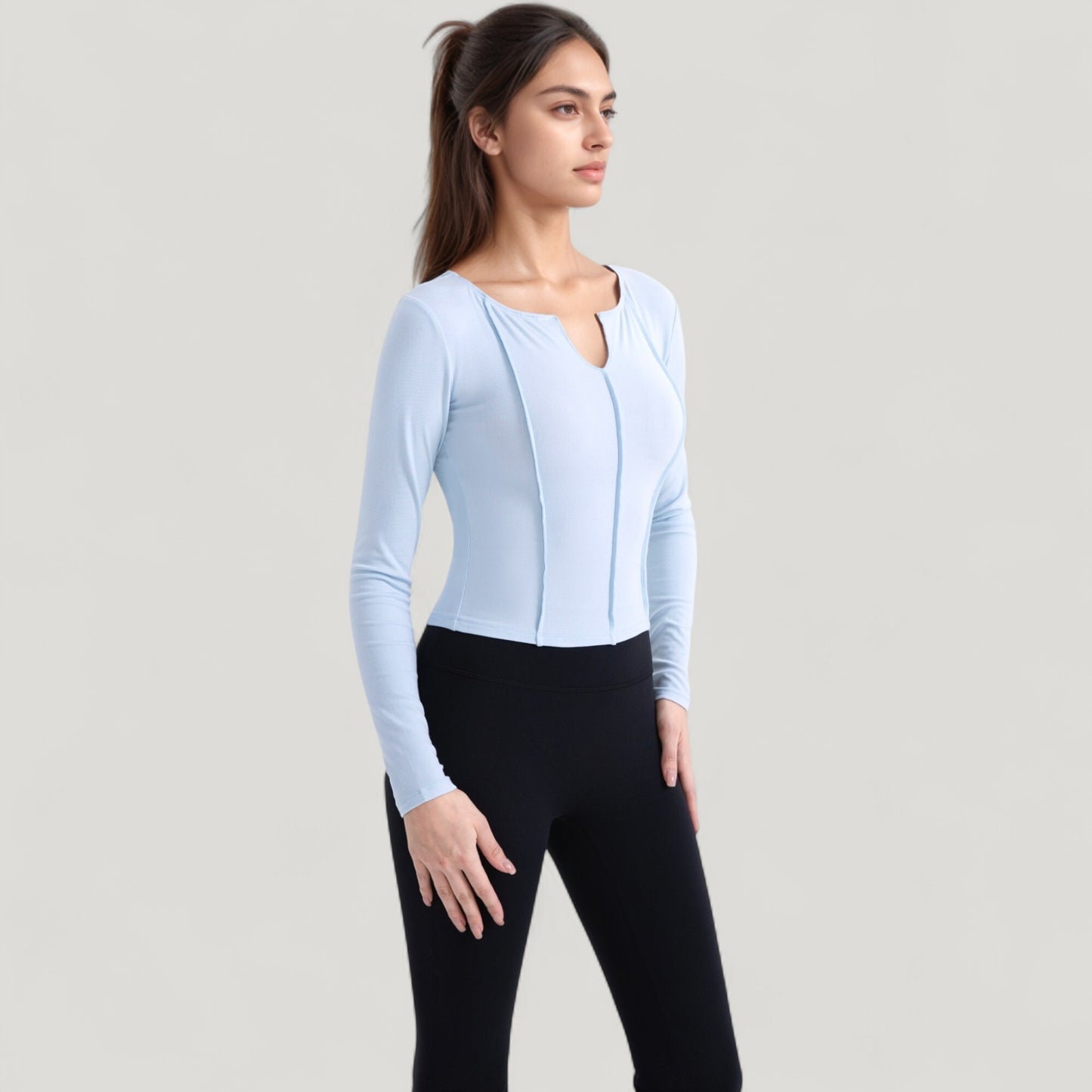 Anna-Kaci Active Women's Long Sleeve Fitted Athletic Top with Notch Neckline and Contoured Seams