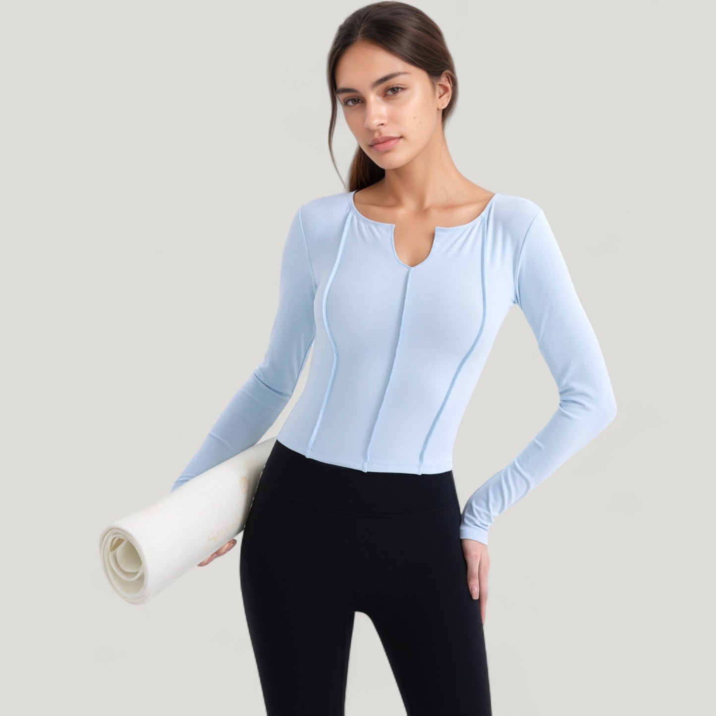 Anna-Kaci Active Women's Long Sleeve Fitted Athletic Top with Notch Neckline and Contoured Seams