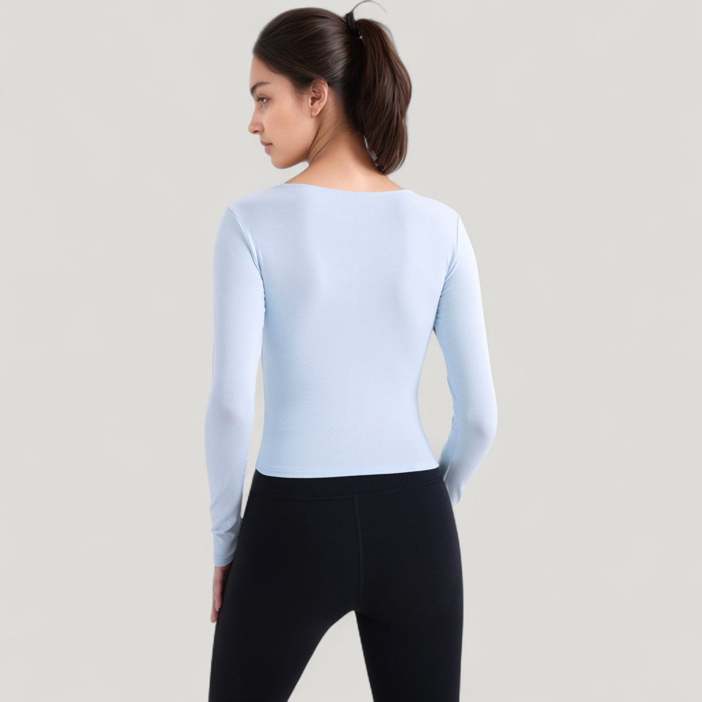 Anna-Kaci Active Women's Long Sleeve Fitted Athletic Top with Notch Neckline and Contoured Seams