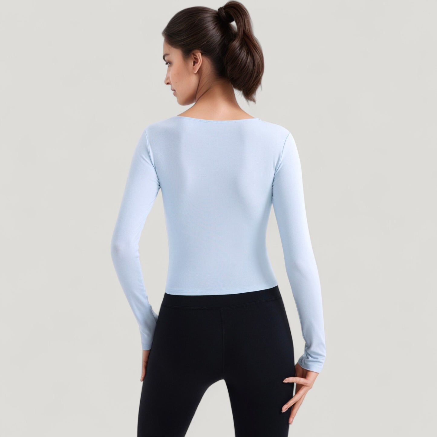 Anna-Kaci Active Women's Long Sleeve Fitted Athletic Top with Notch Neckline and Contoured Seams