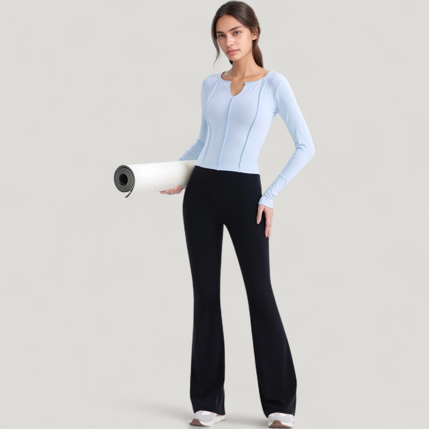 Anna-Kaci Active Women's Long Sleeve Fitted Athletic Top with Notch Neckline and Contoured Seams