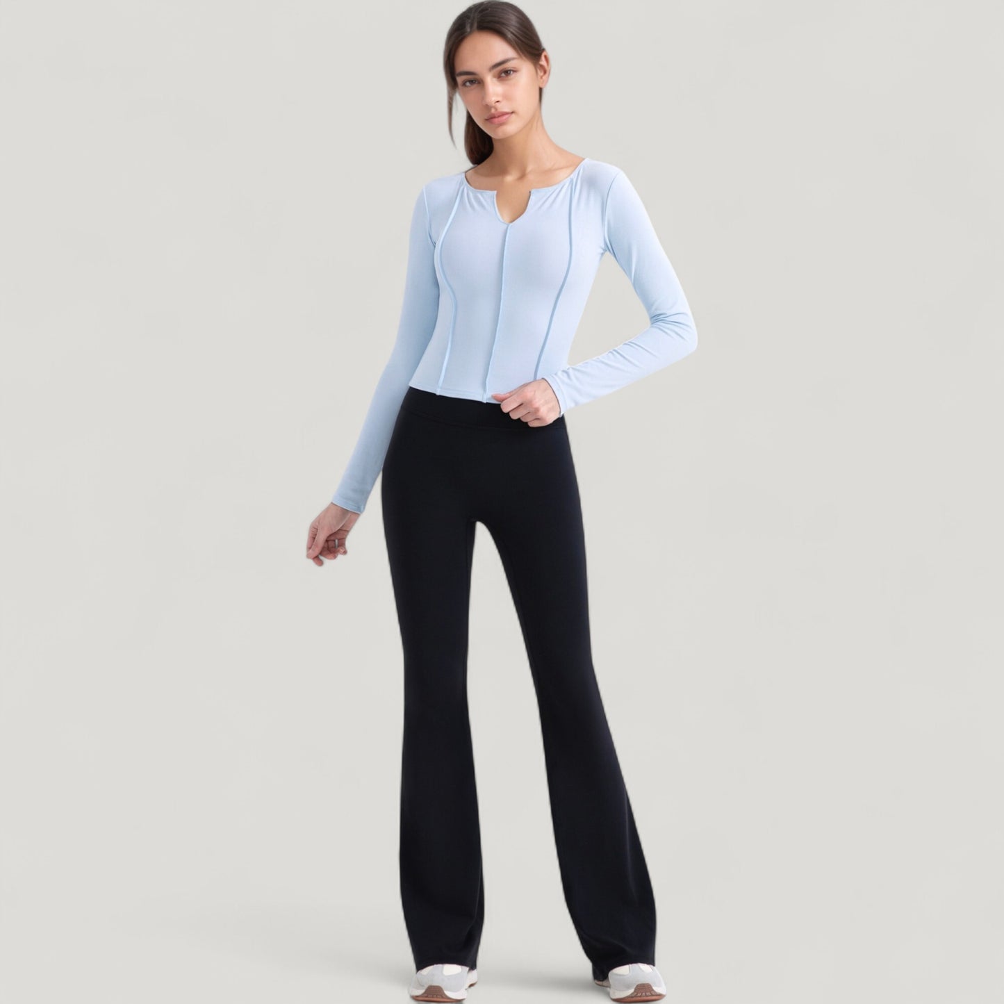 Anna-Kaci Active Women's Long Sleeve Fitted Athletic Top with Notch Neckline and Contoured Seams