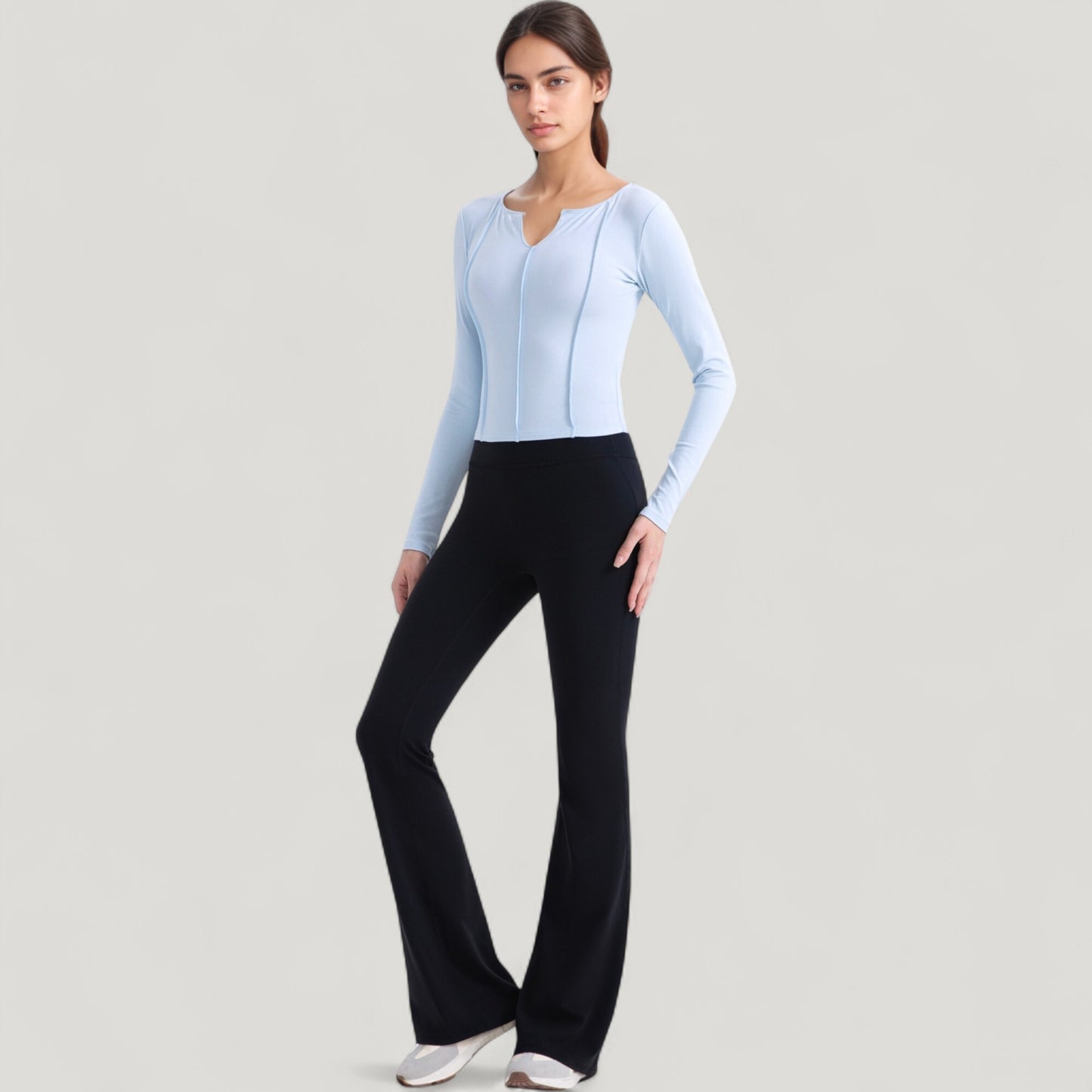 Anna-Kaci Active Women's Long Sleeve Fitted Athletic Top with Notch Neckline and Contoured Seams