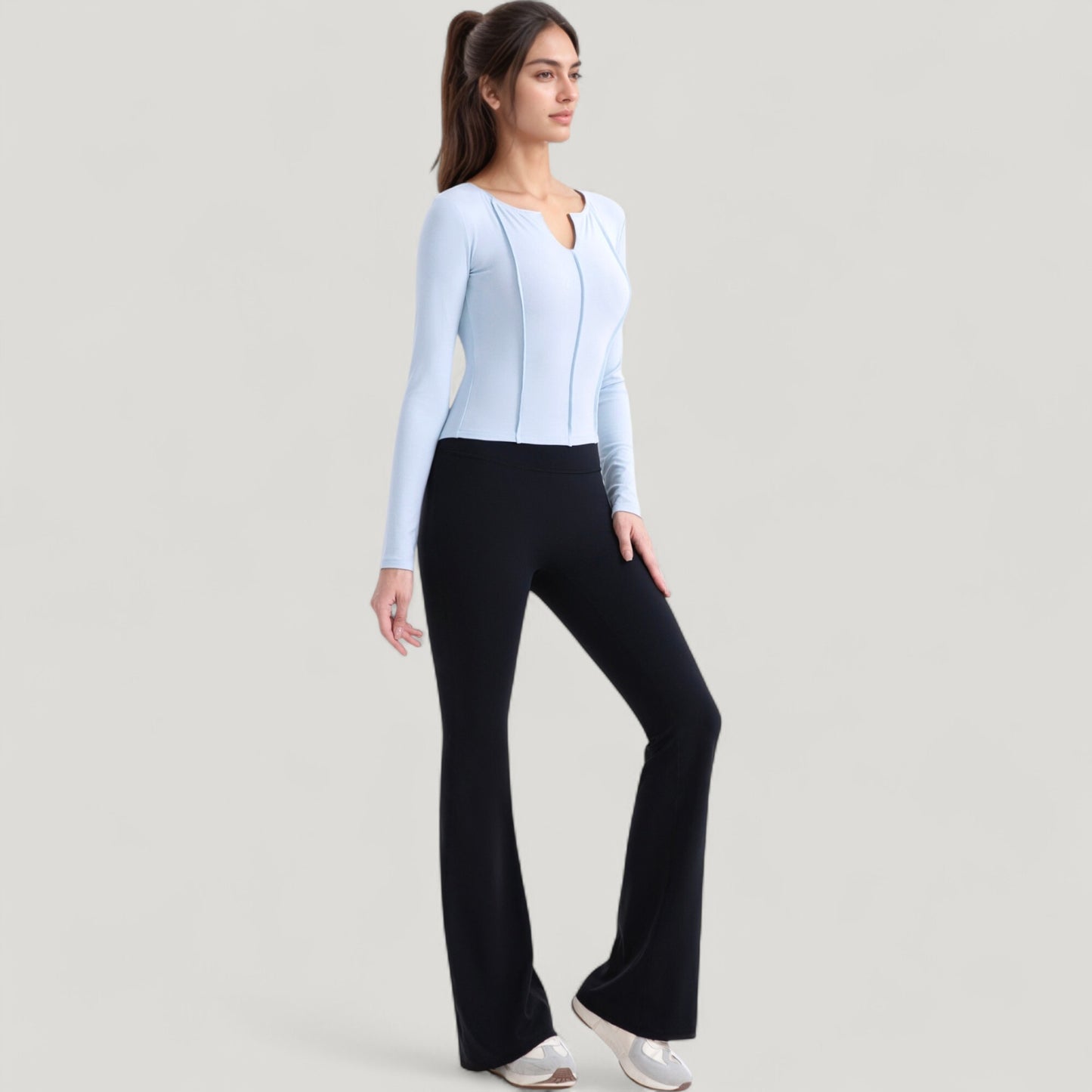 Anna-Kaci Active Women's Long Sleeve Fitted Athletic Top with Notch Neckline and Contoured Seams