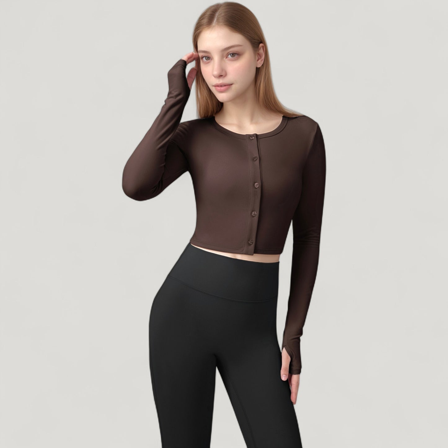 Anna-Kaci Active Women's Long Sleeve Cropped Button Front Top with Fitted Stretch Design