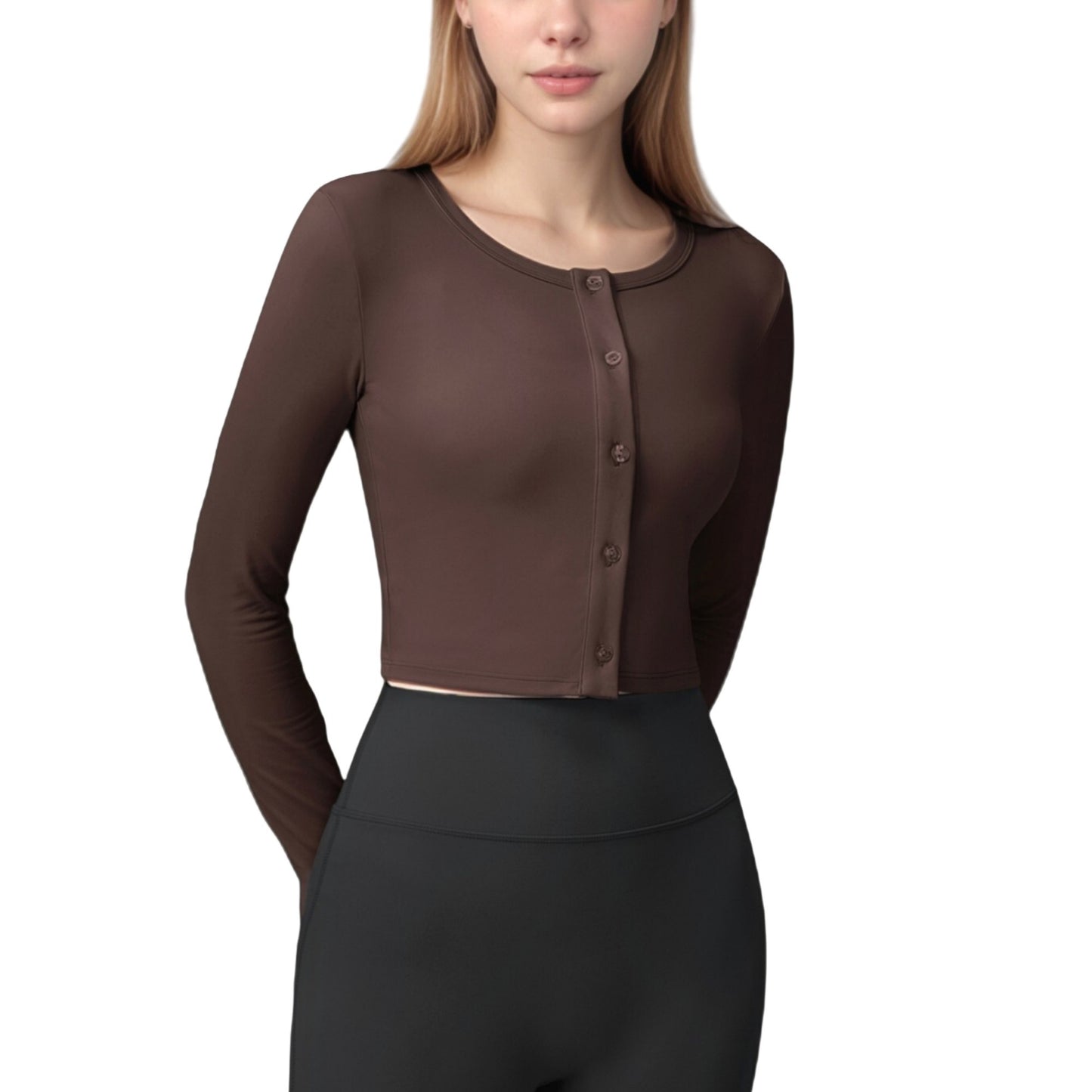 Anna-Kaci Active Women's Long Sleeve Cropped Button Front Top with Fitted Stretch Design