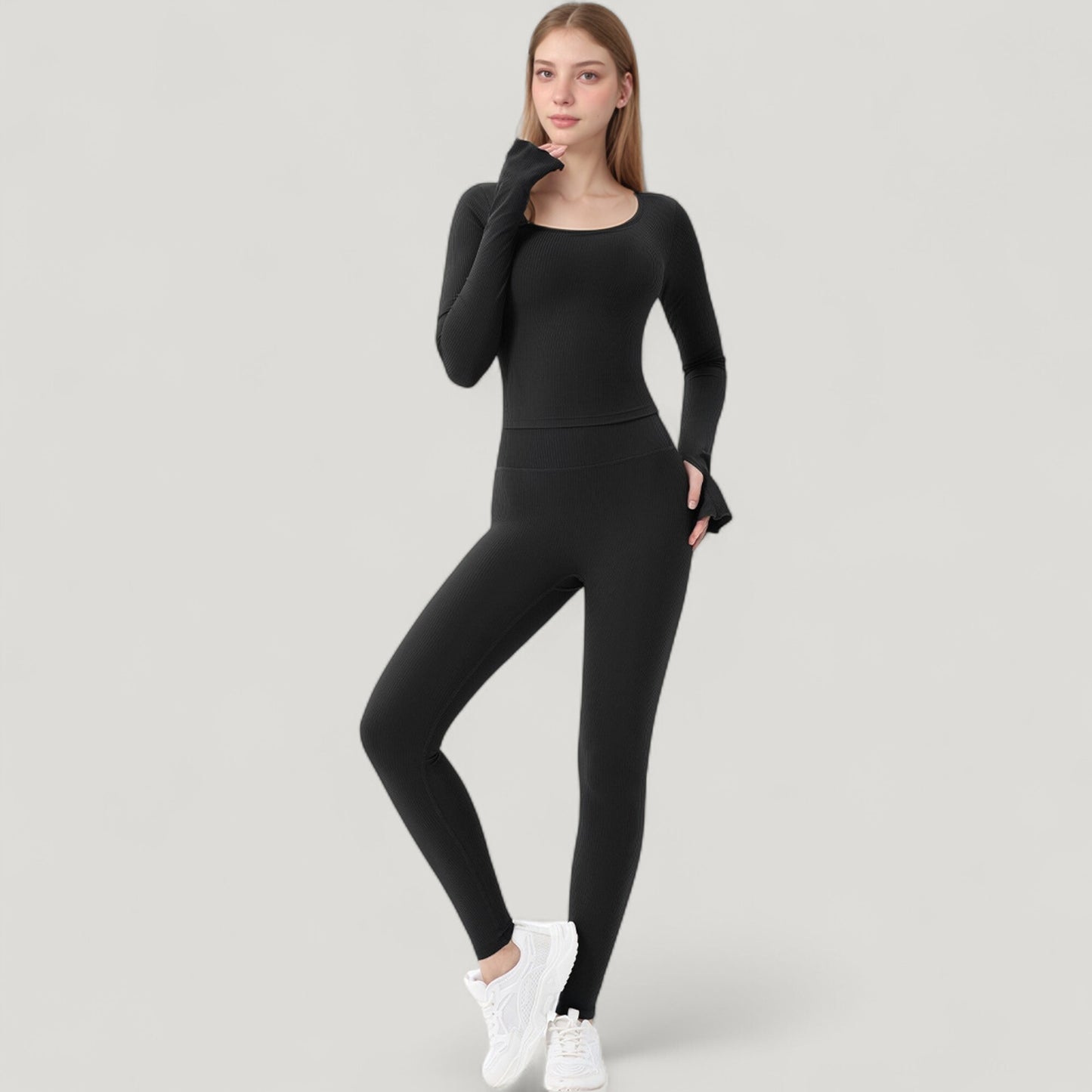 Anna-Kaci Active Women's Long Sleeve Ribbed Knit Fitted Top with Asymmetrical Neckline and Thumbhole Cuffs