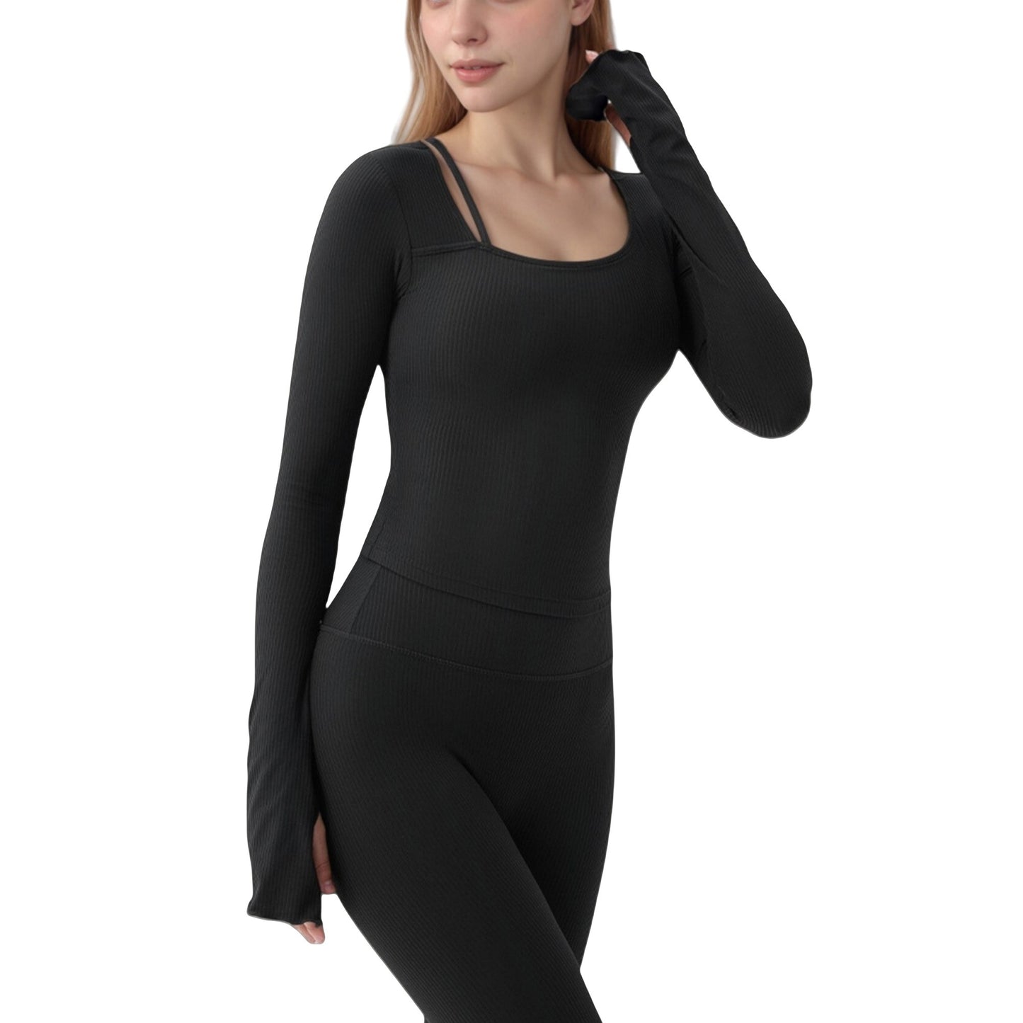 Anna-Kaci Active Women's Long Sleeve Ribbed Knit Fitted Top with Asymmetrical Neckline and Thumbhole Cuffs