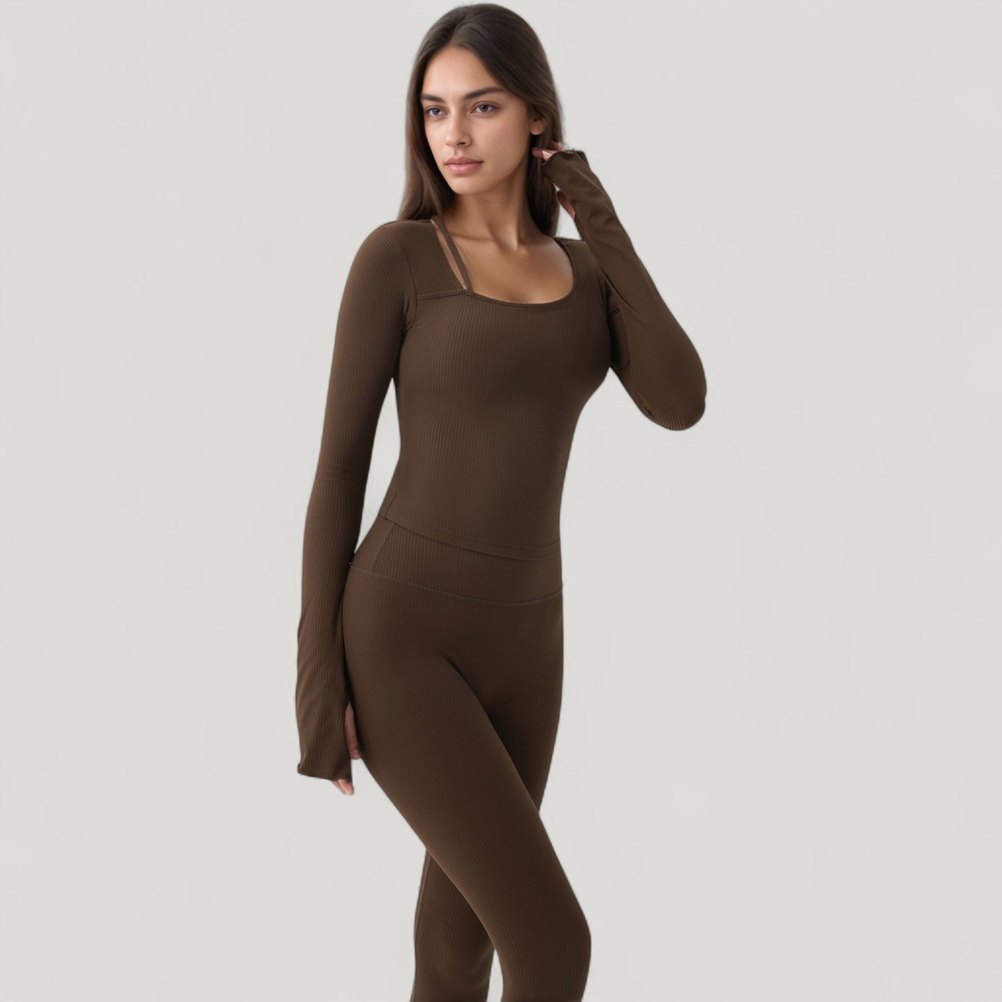 Anna-Kaci Active Women's Long Sleeve Ribbed Knit Fitted Top with Asymmetrical Neckline and Thumbhole Cuffs