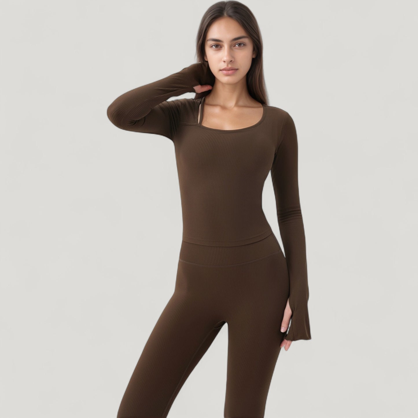 Anna-Kaci Active Women's Long Sleeve Ribbed Knit Fitted Top with Asymmetrical Neckline and Thumbhole Cuffs