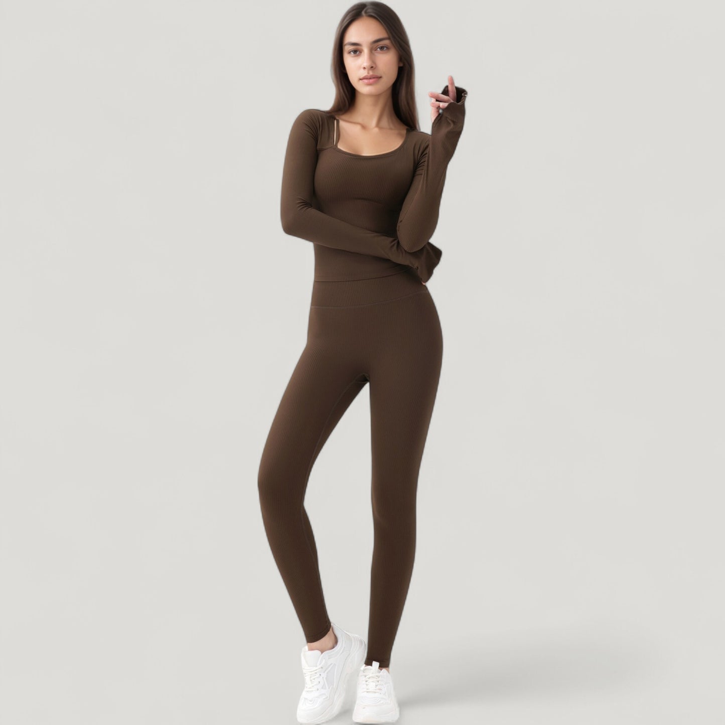 Anna-Kaci Active Women's Long Sleeve Ribbed Knit Fitted Top with Asymmetrical Neckline and Thumbhole Cuffs