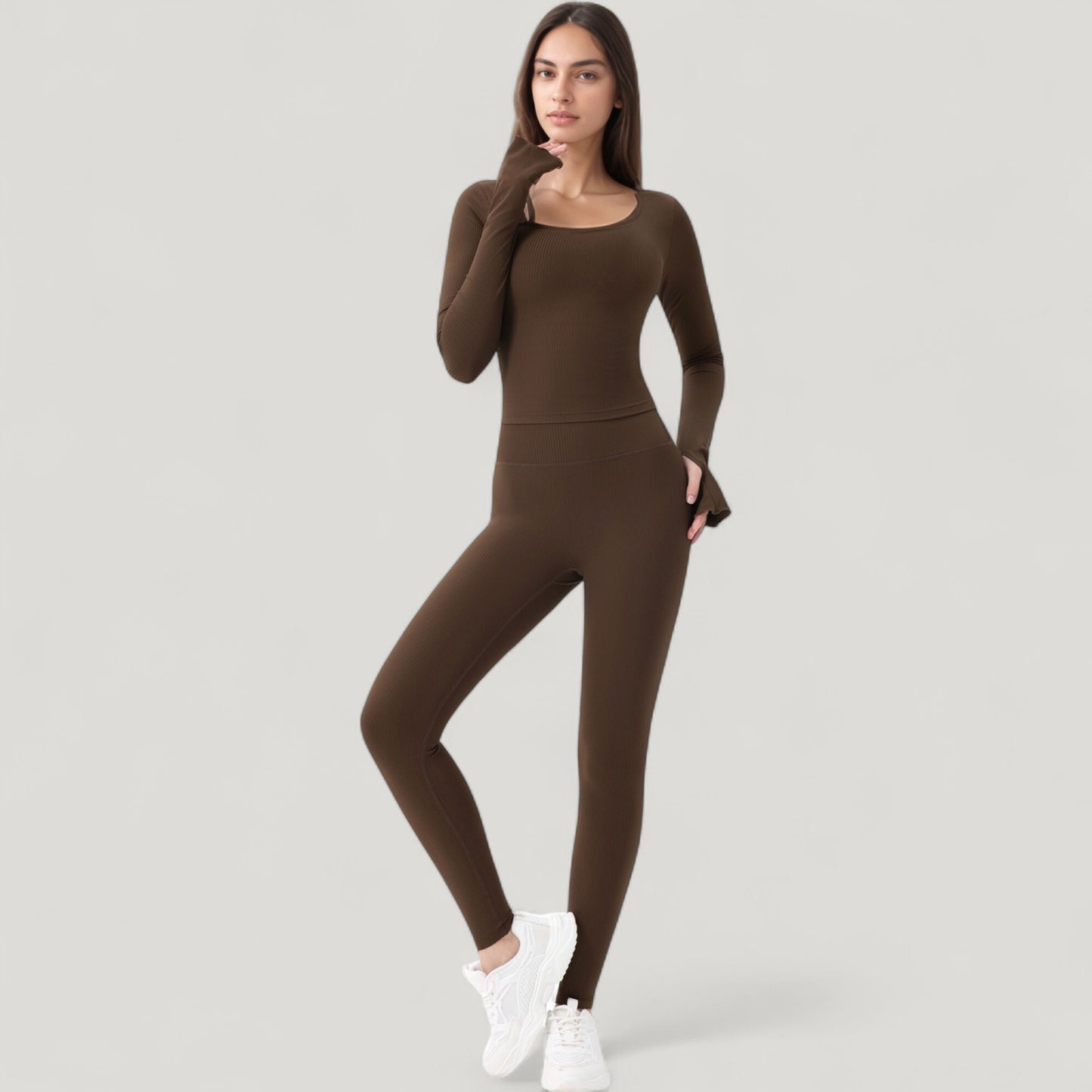 Anna-Kaci Active Women's Long Sleeve Ribbed Knit Fitted Top with Asymmetrical Neckline and Thumbhole Cuffs