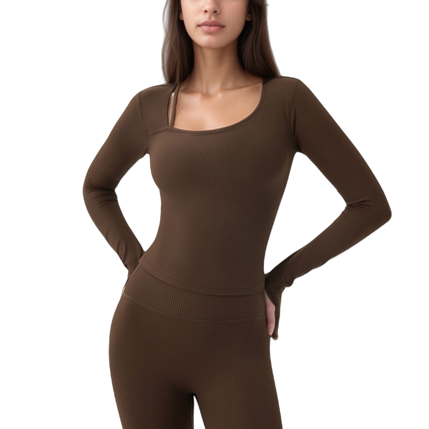 Anna-Kaci Active Women's Long Sleeve Ribbed Knit Fitted Top with Asymmetrical Neckline and Thumbhole Cuffs