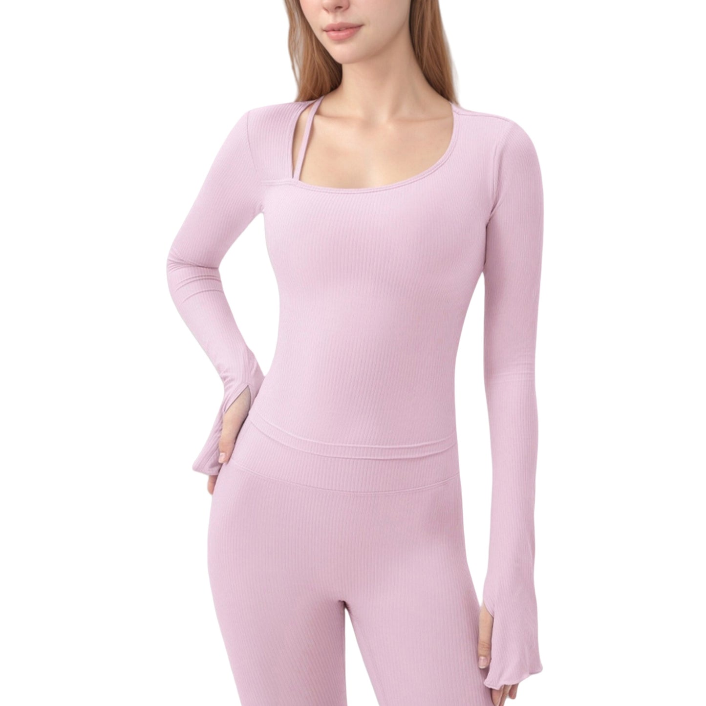 Anna-Kaci Active Women's Long Sleeve Ribbed Knit Fitted Top with Asymmetrical Neckline and Thumbhole Cuffs
