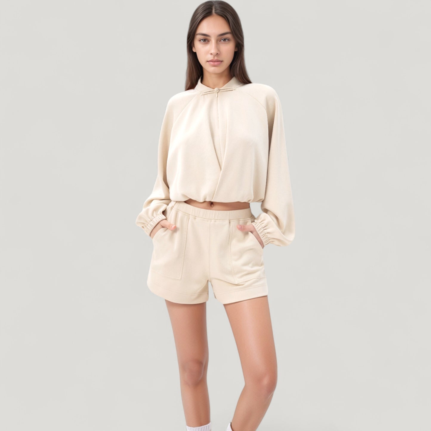 Anna-Kaci Active Women's Long Sleeve Woven Lounge Top with Half Zip Front, Elastic Hem, and Relaxed Draped Fit