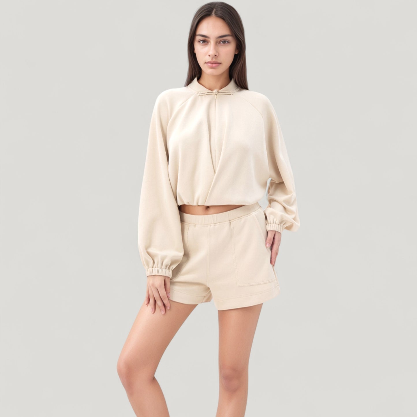 Anna-Kaci Active Women's Long Sleeve Woven Lounge Top with Half Zip Front, Elastic Hem, and Relaxed Draped Fit