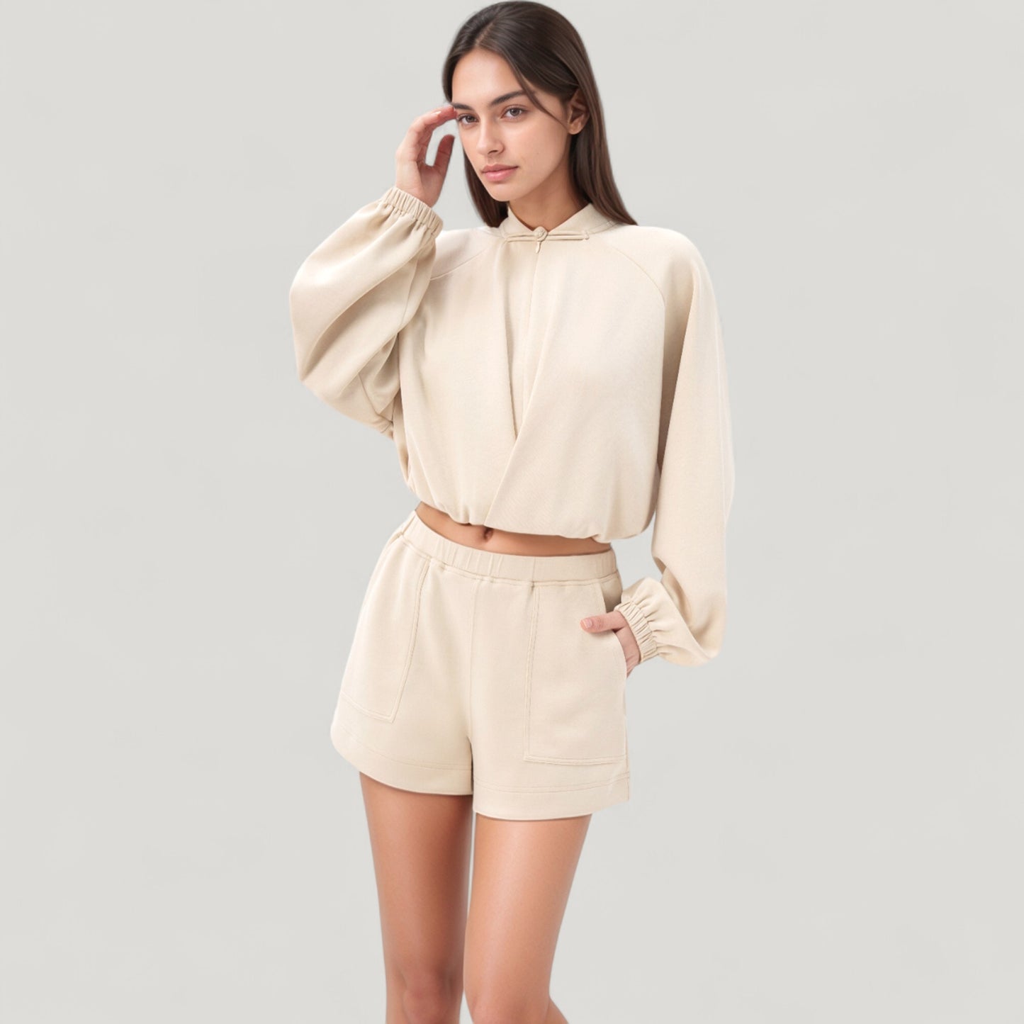 Anna-Kaci Active Women's Long Sleeve Woven Lounge Top with Half Zip Front, Elastic Hem, and Relaxed Draped Fit