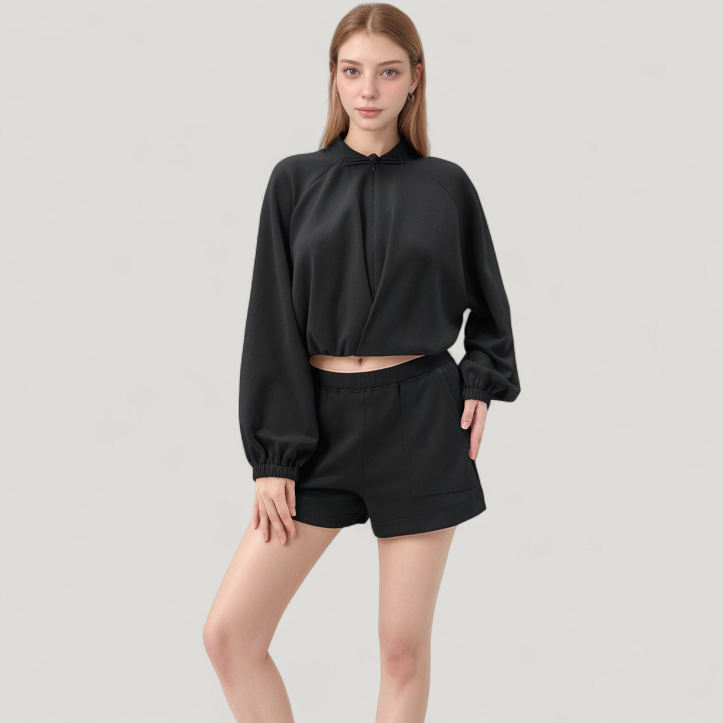 Anna-Kaci Active Women's Long Sleeve Woven Lounge Top with Half Zip Front, Elastic Hem, and Relaxed Draped Fit