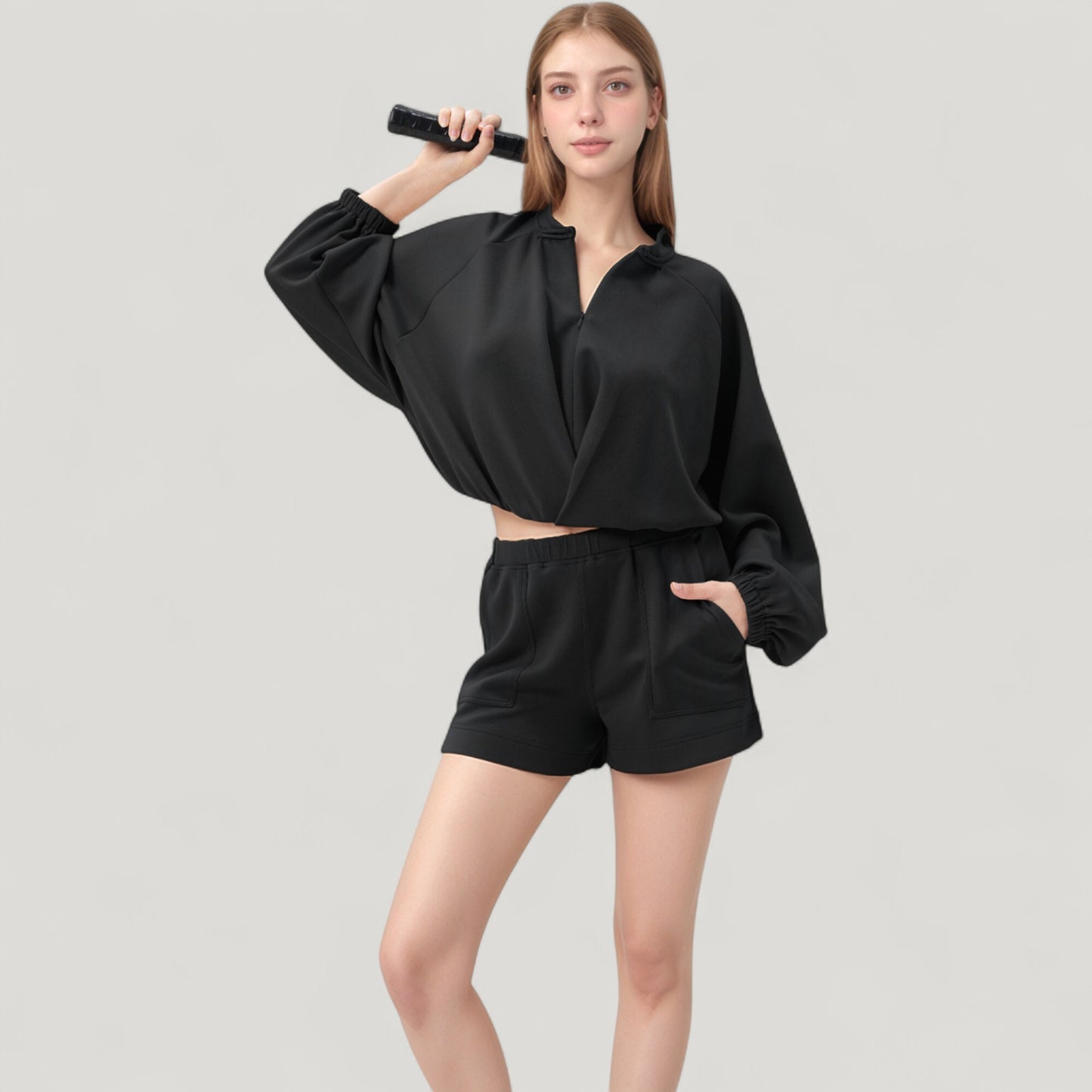 Anna-Kaci Active Women's Long Sleeve Woven Lounge Top with Half Zip Front, Elastic Hem, and Relaxed Draped Fit