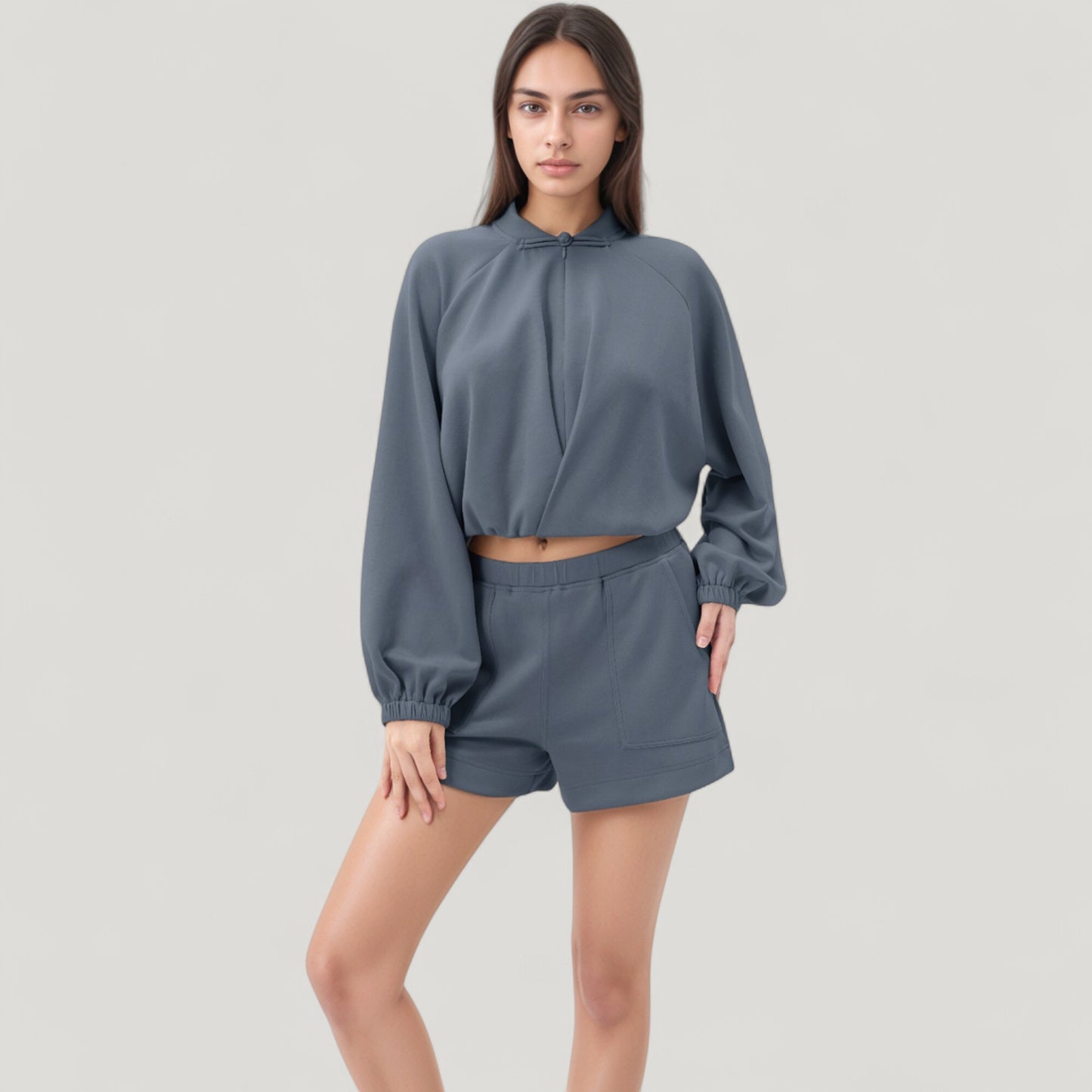Anna-Kaci Active Women's Long Sleeve Woven Lounge Top with Half Zip Front, Elastic Hem, and Relaxed Draped Fit