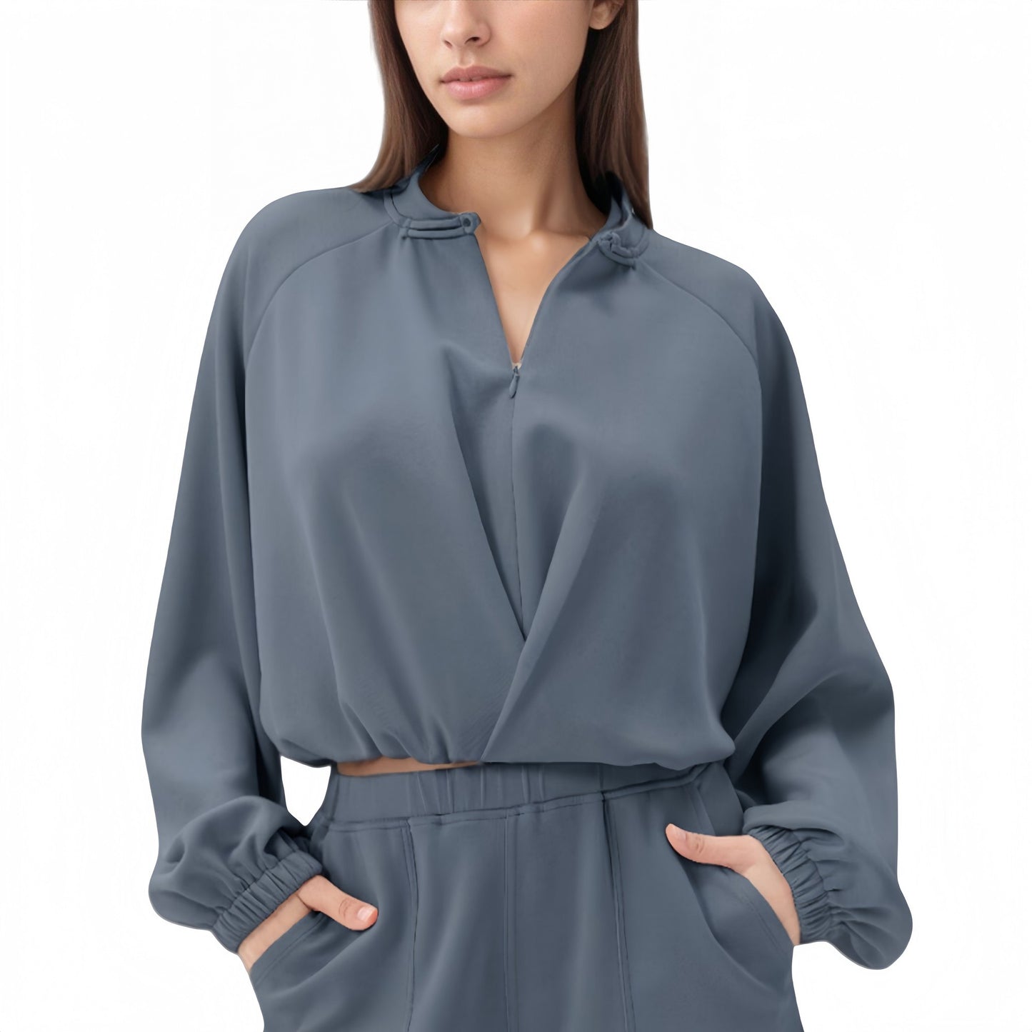 Anna-Kaci Active Women's Long Sleeve Woven Lounge Top with Half Zip Front, Elastic Hem, and Relaxed Draped Fit