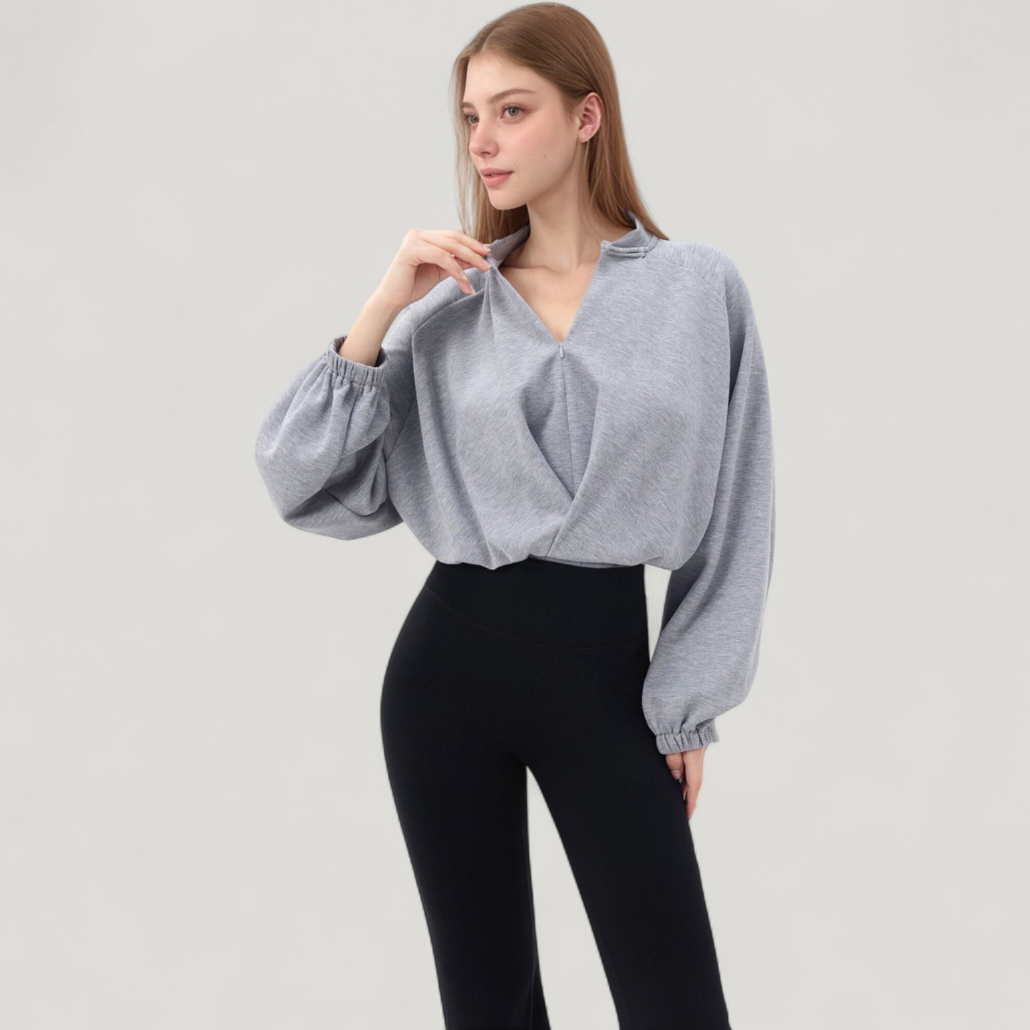 Anna-Kaci Active Women's Long Sleeve Woven Lounge Top with Half Zip Front, Elastic Hem, and Relaxed Draped Fit