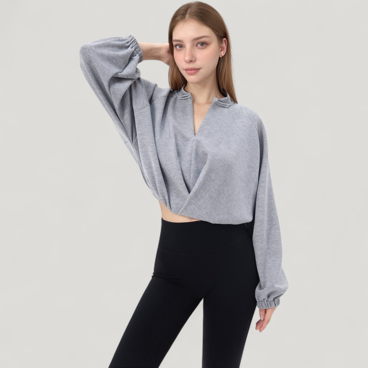 Anna-Kaci Active Women's Long Sleeve Woven Lounge Top with Half Zip Front, Elastic Hem, and Relaxed Draped Fit