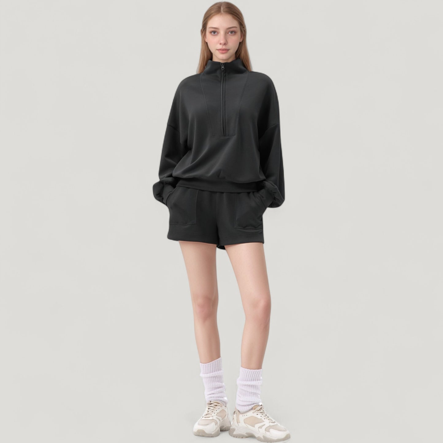 Anna-Kaci Active Women's Long Sleeve Woven Half Zip Pullover Top with Stand Collar and Elastic Cuffs
