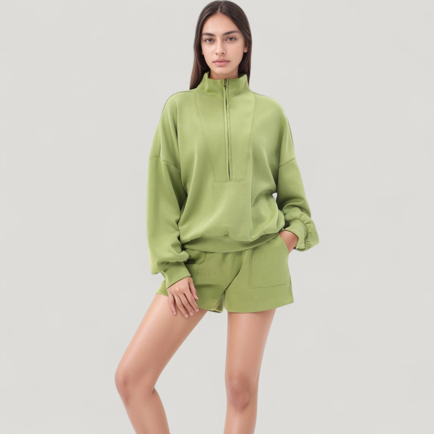 Anna-Kaci Active Women's Long Sleeve Woven Half Zip Pullover Top with Stand Collar and Elastic Cuffs
