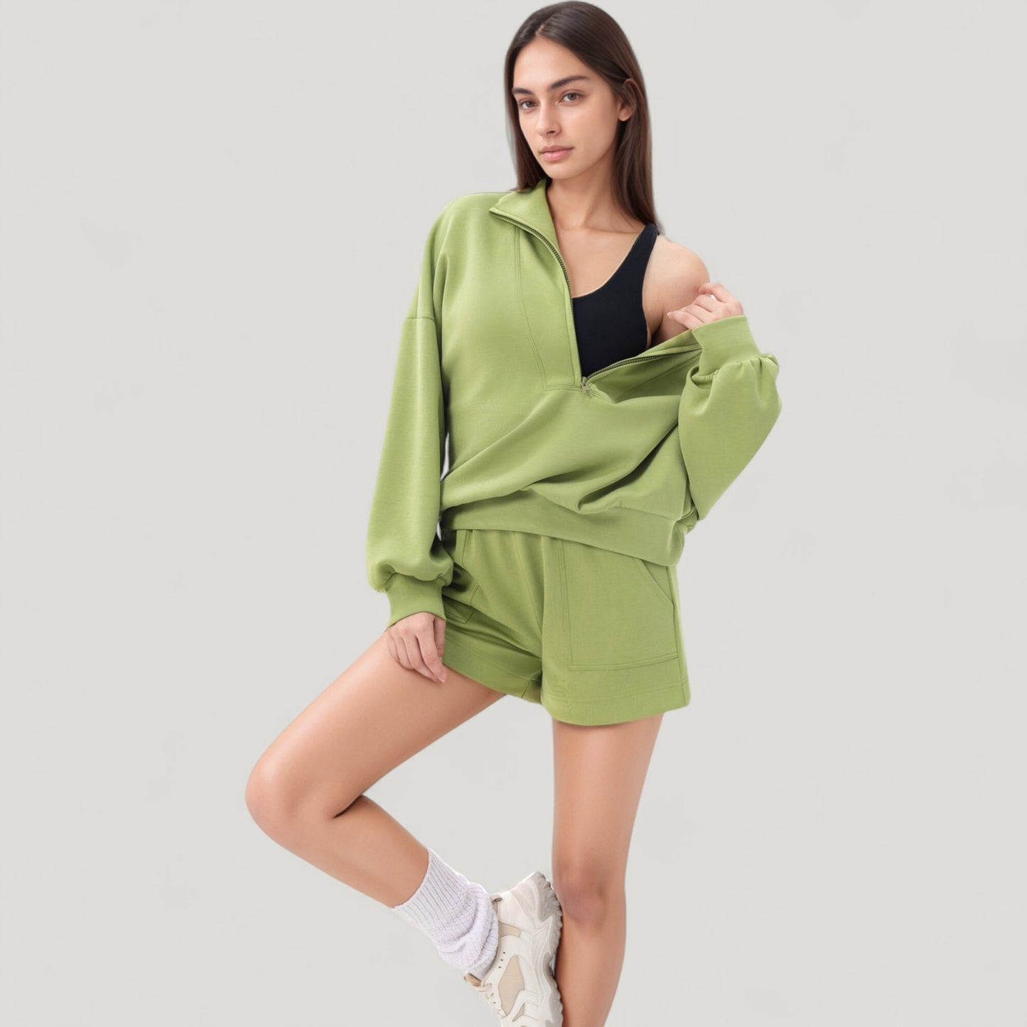 Anna-Kaci Active Women's Long Sleeve Woven Half Zip Pullover Top with Stand Collar and Elastic Cuffs