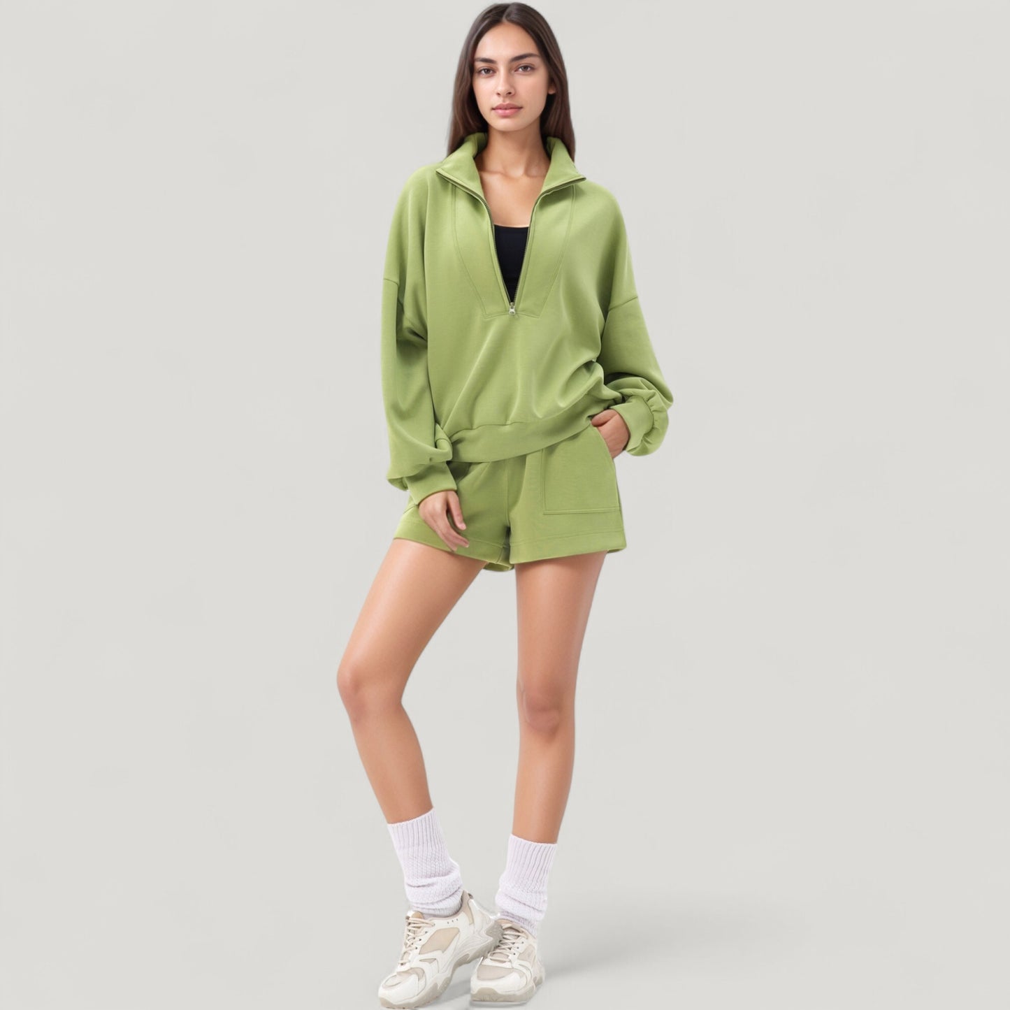 Anna-Kaci Active Women's Long Sleeve Woven Half Zip Pullover Top with Stand Collar and Elastic Cuffs