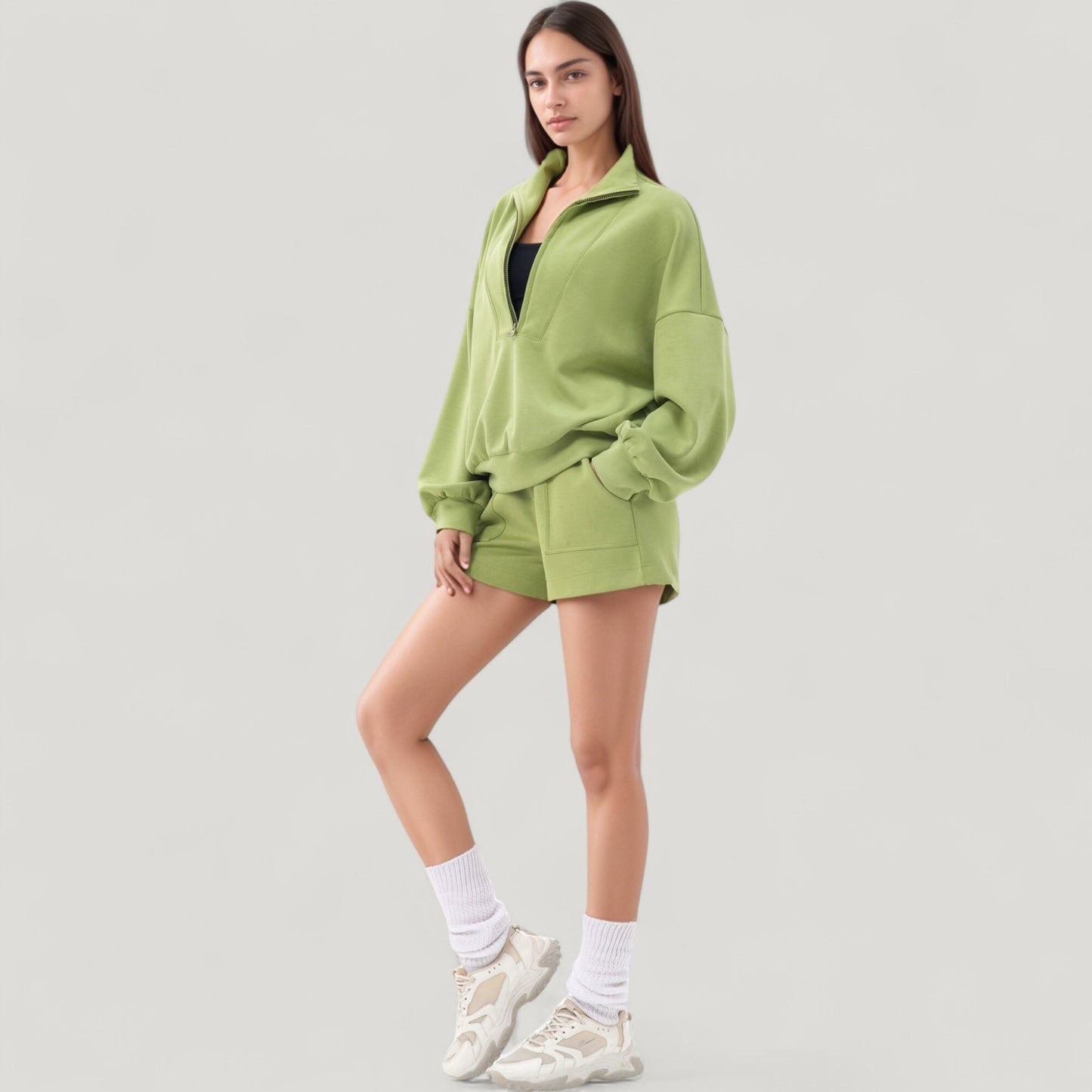 Anna-Kaci Active Women's Long Sleeve Woven Half Zip Pullover Top with Stand Collar and Elastic Cuffs