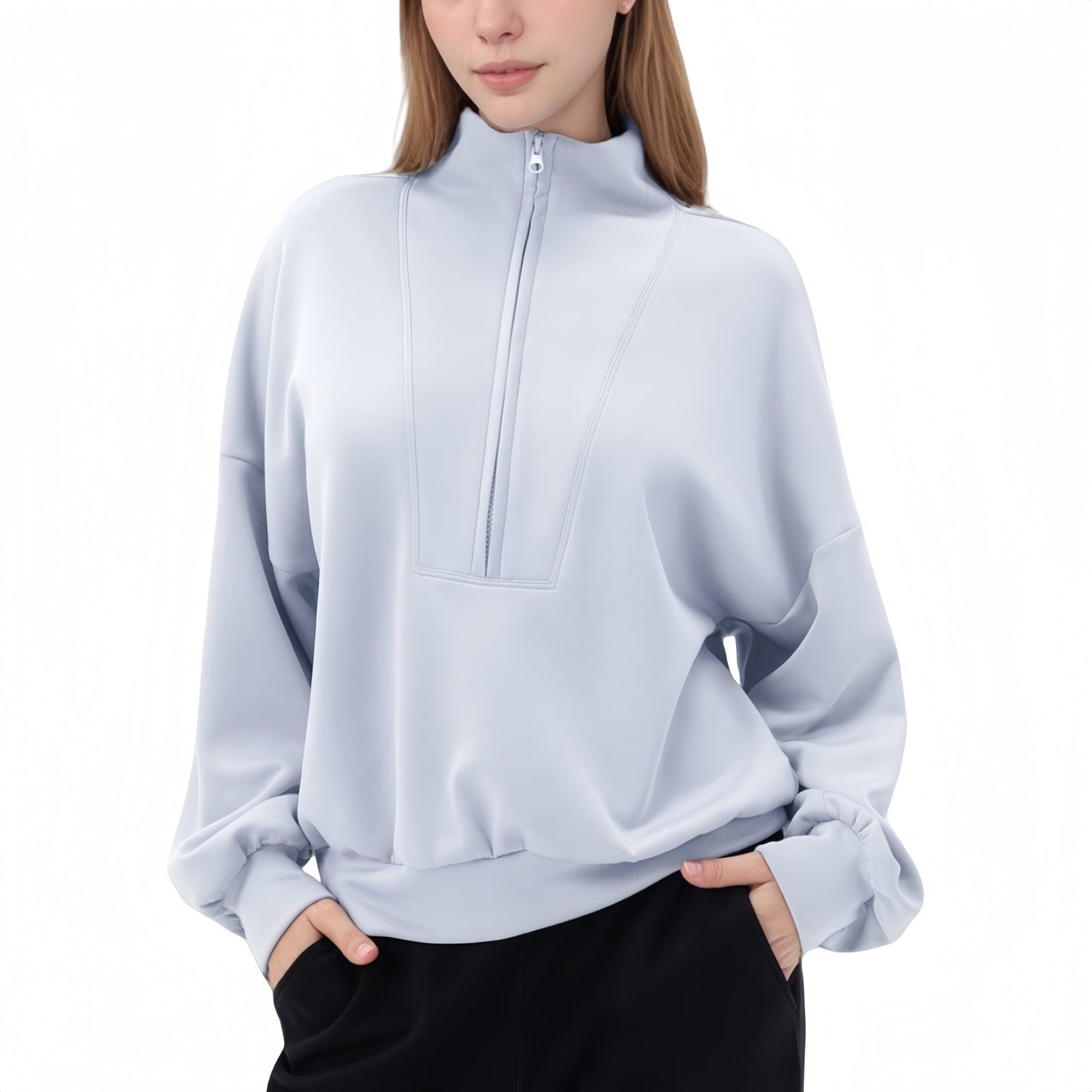 Anna-Kaci Active Women's Long Sleeve Woven Half Zip Pullover Top with Stand Collar and Elastic Cuffs