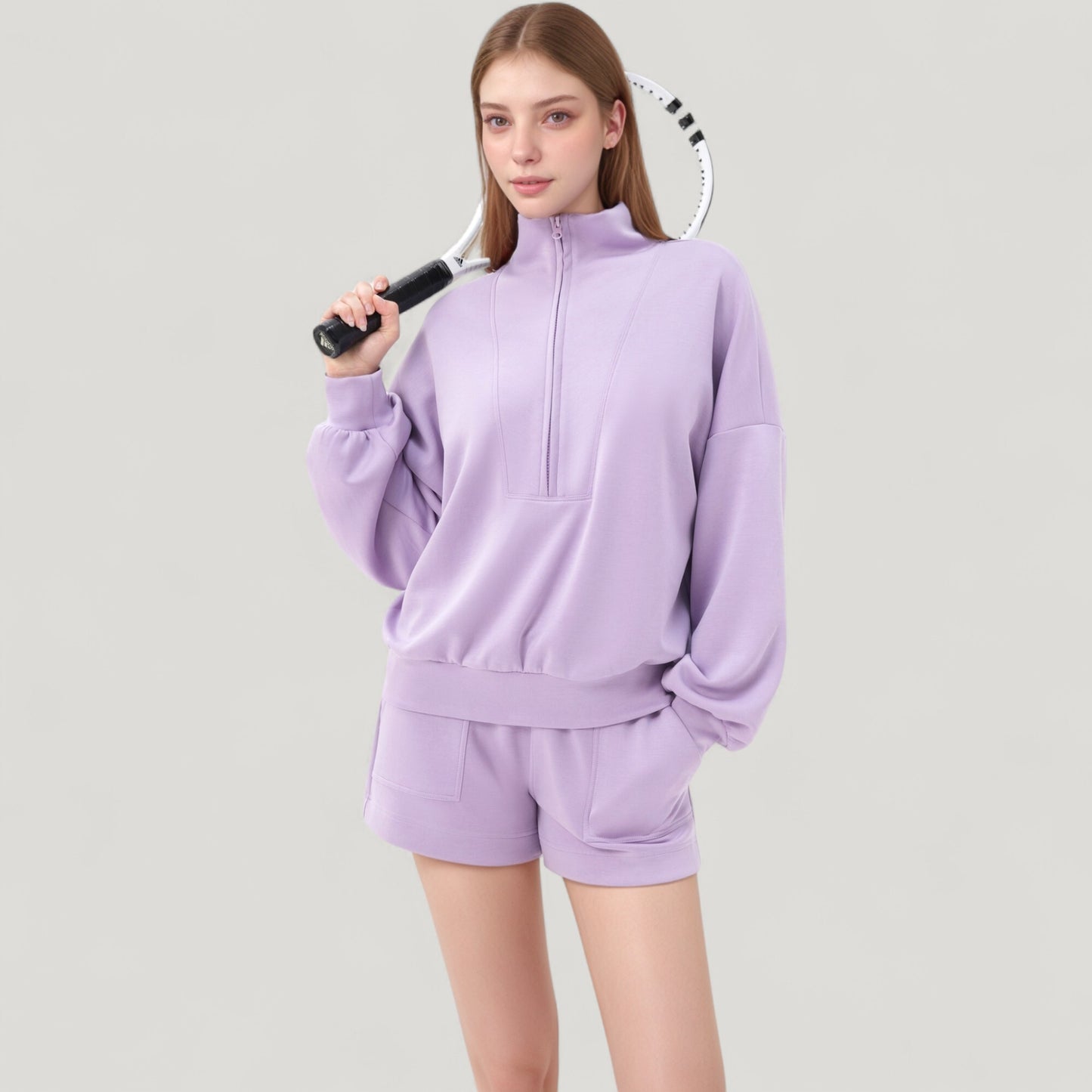 Anna-Kaci Active Women's Long Sleeve Woven Half Zip Pullover Top with Stand Collar and Elastic Cuffs