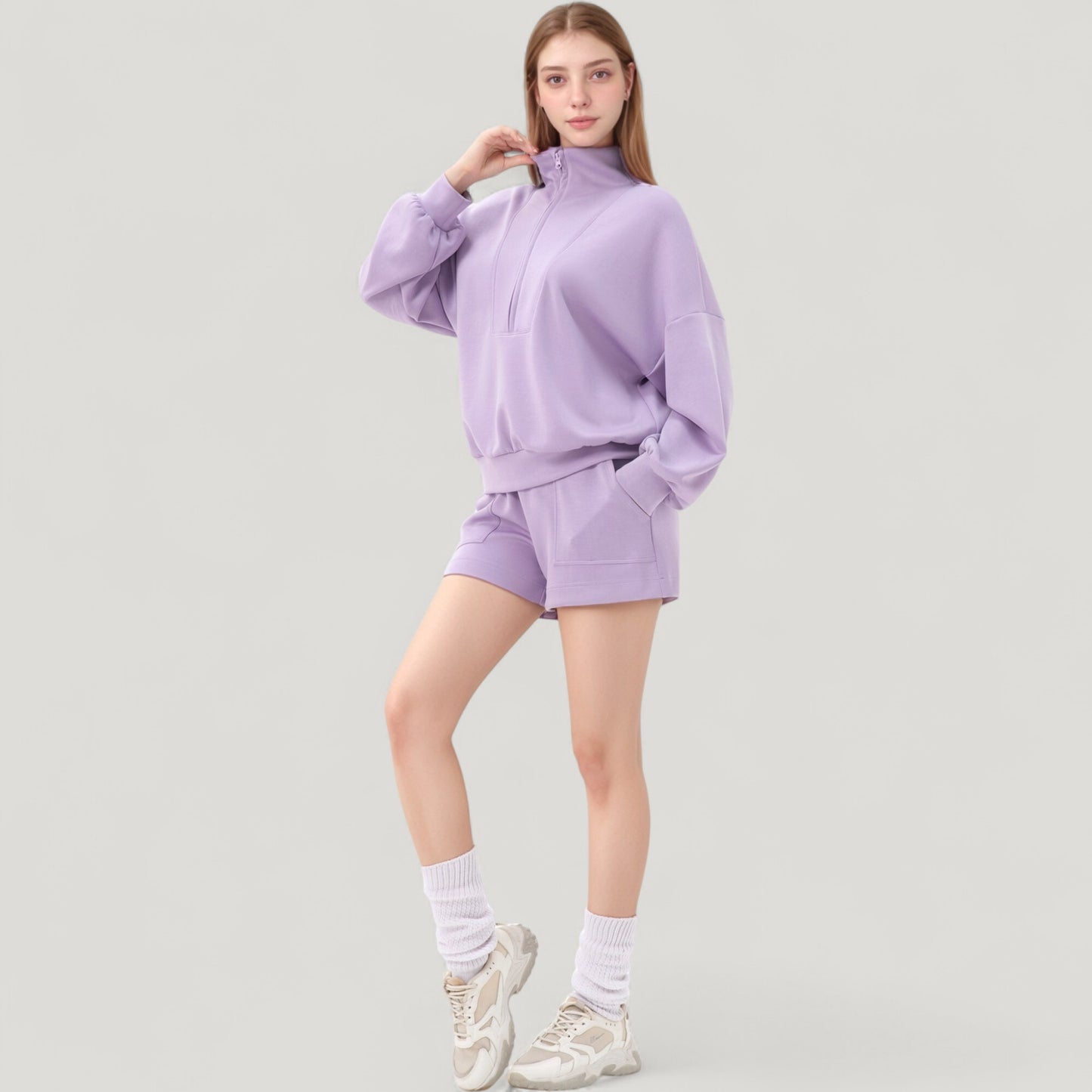 Anna-Kaci Active Women's Long Sleeve Woven Half Zip Pullover Top with Stand Collar and Elastic Cuffs