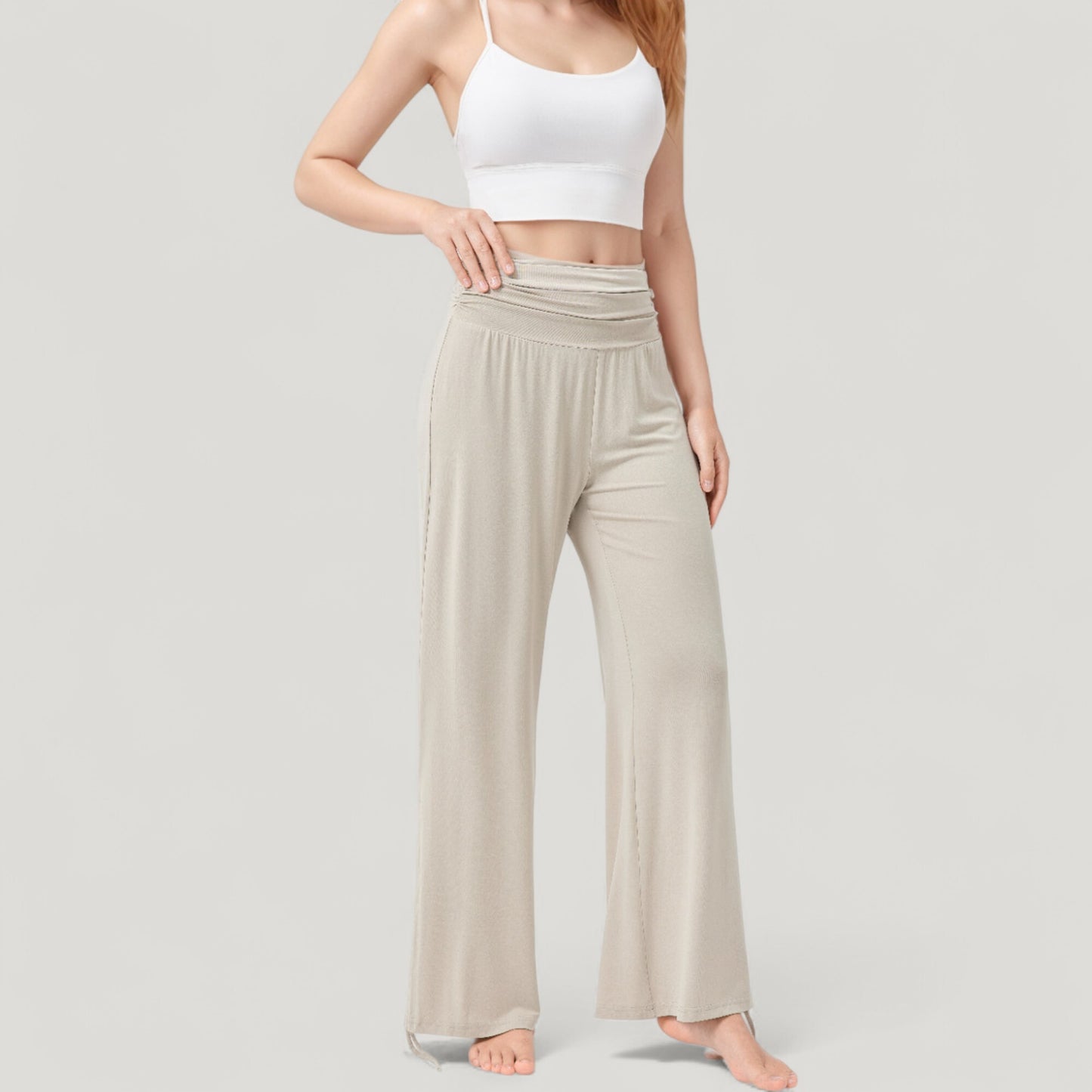 Anna-Kaci Active Women's Wide Leg Lounge Pants with Fold Over Waistband and Adjustable Drawstring Hem