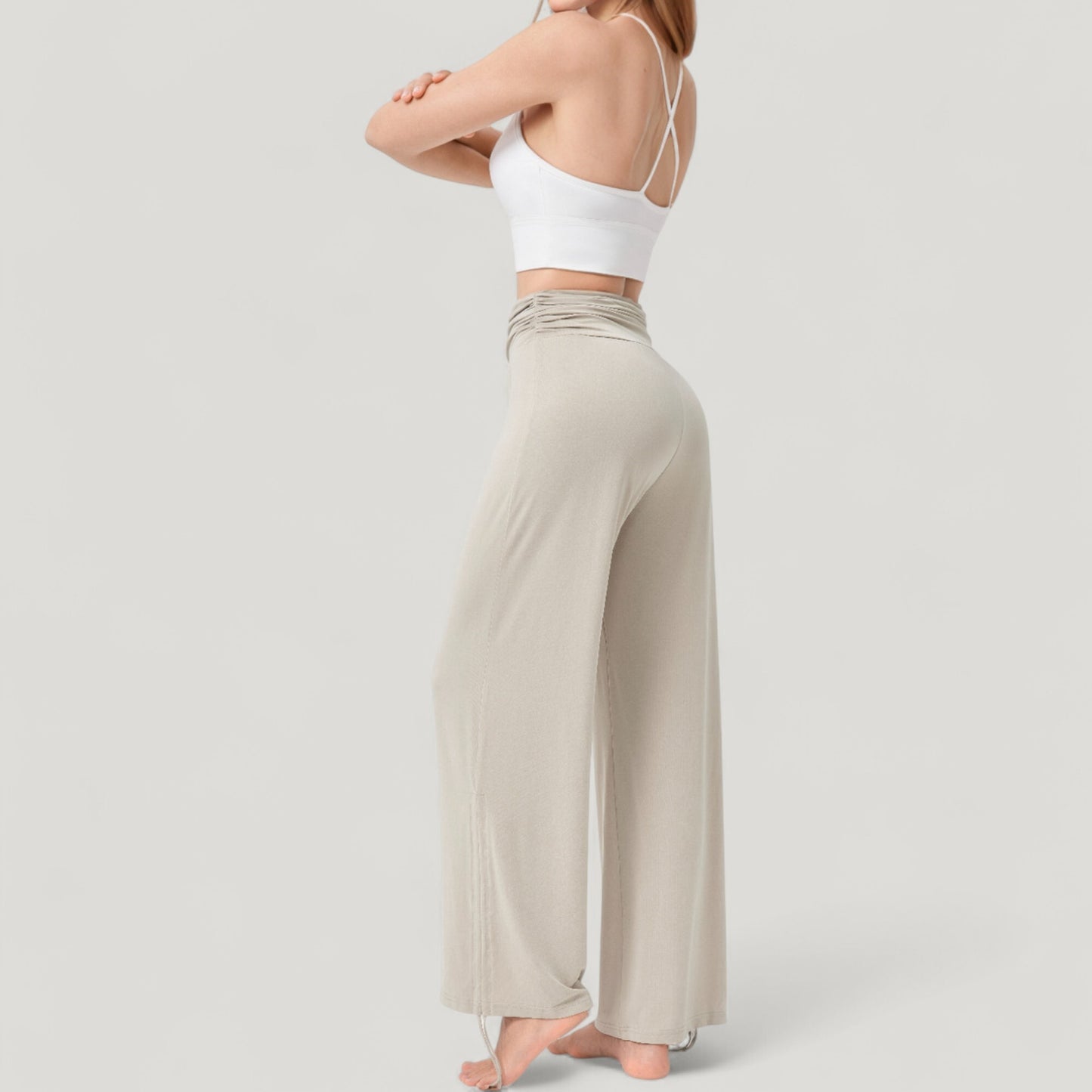Anna-Kaci Active Women's Wide Leg Lounge Pants with Fold Over Waistband and Adjustable Drawstring Hem