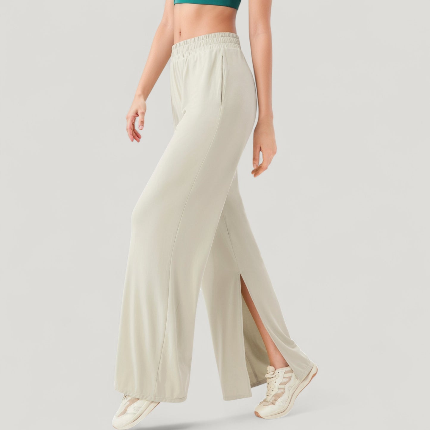 Anna-Kaci Active Women's Wide Leg Lounge Pants with Elastic Waistband and Side Slit Hem Detail