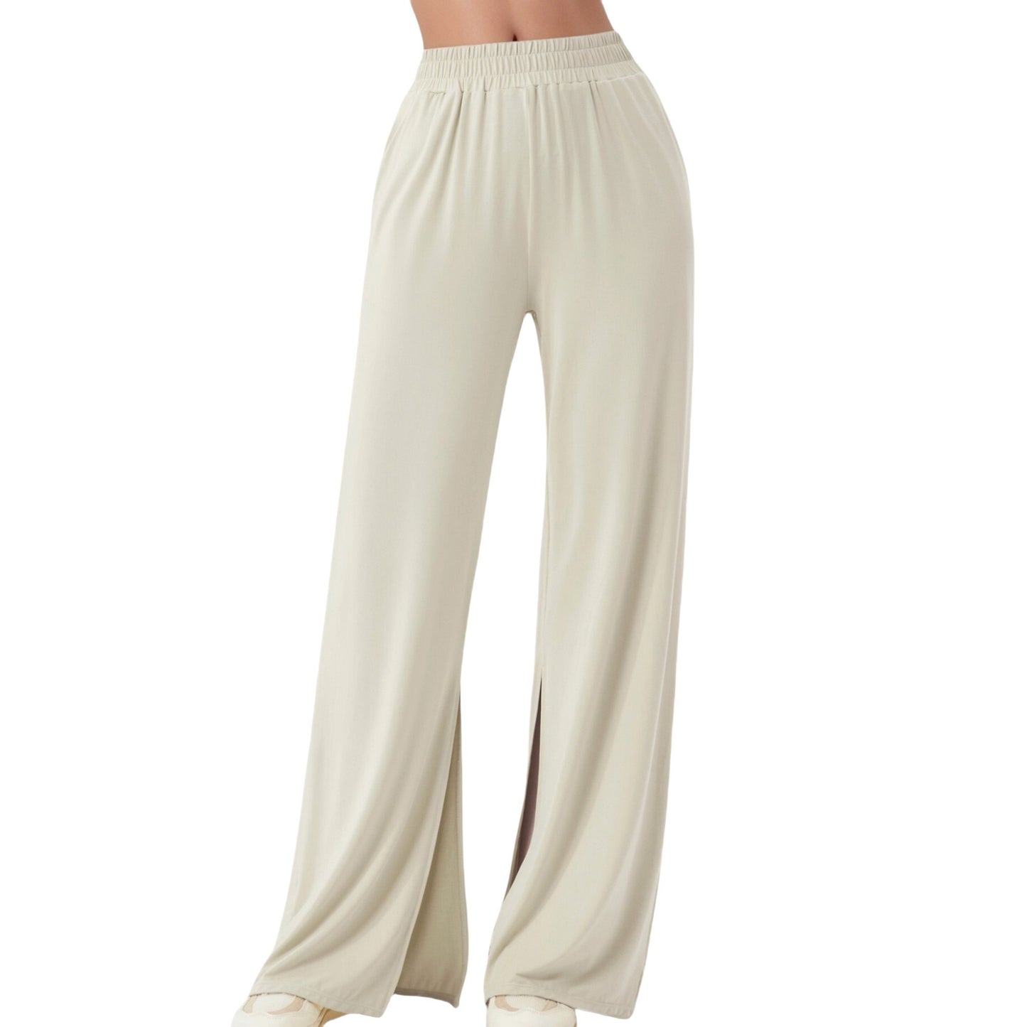 Anna-Kaci Active Women's Wide Leg Lounge Pants with Elastic Waistband and Side Slit Hem Detail