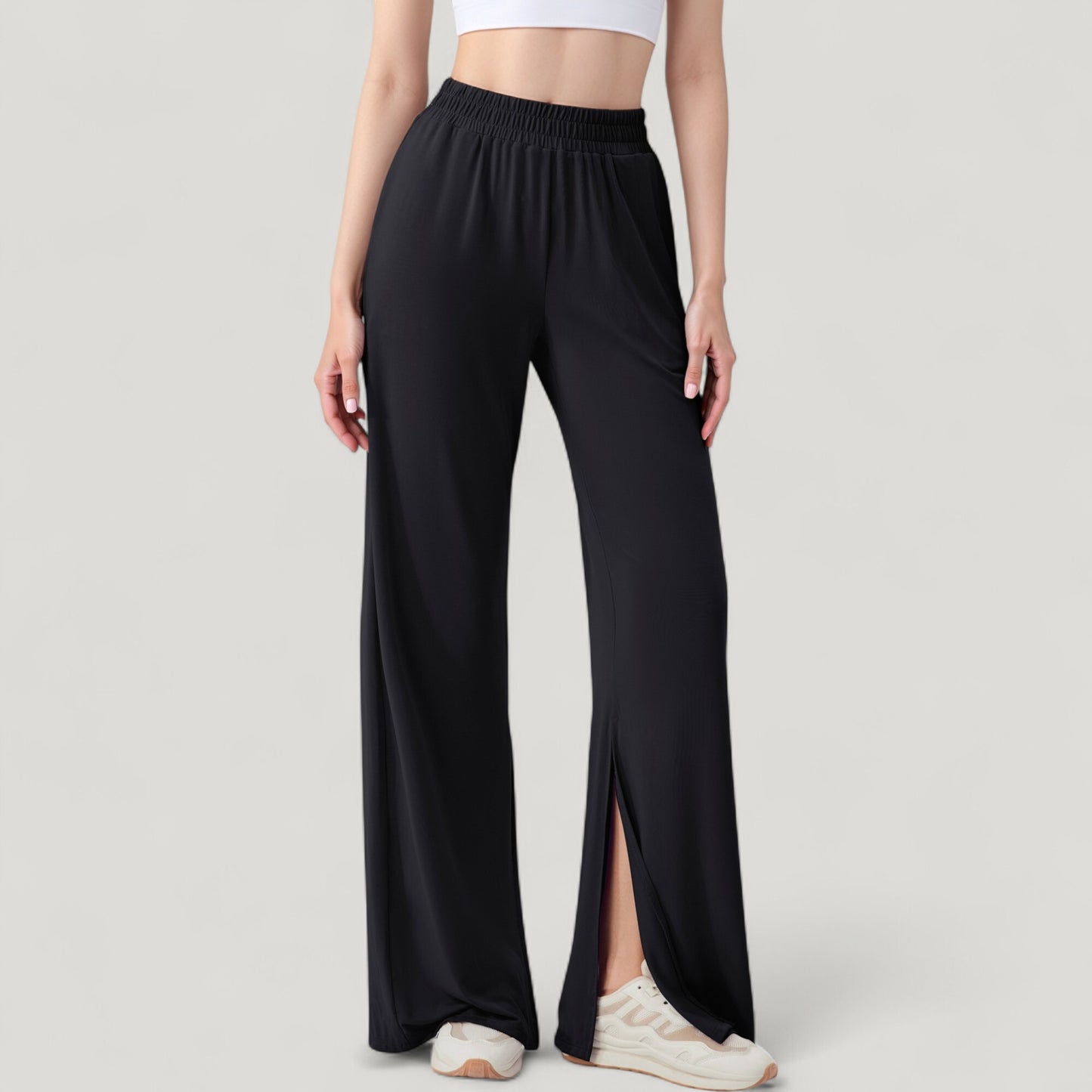 Anna-Kaci Active Women's Wide Leg Lounge Pants with Elastic Waistband and Side Slit Hem Detail