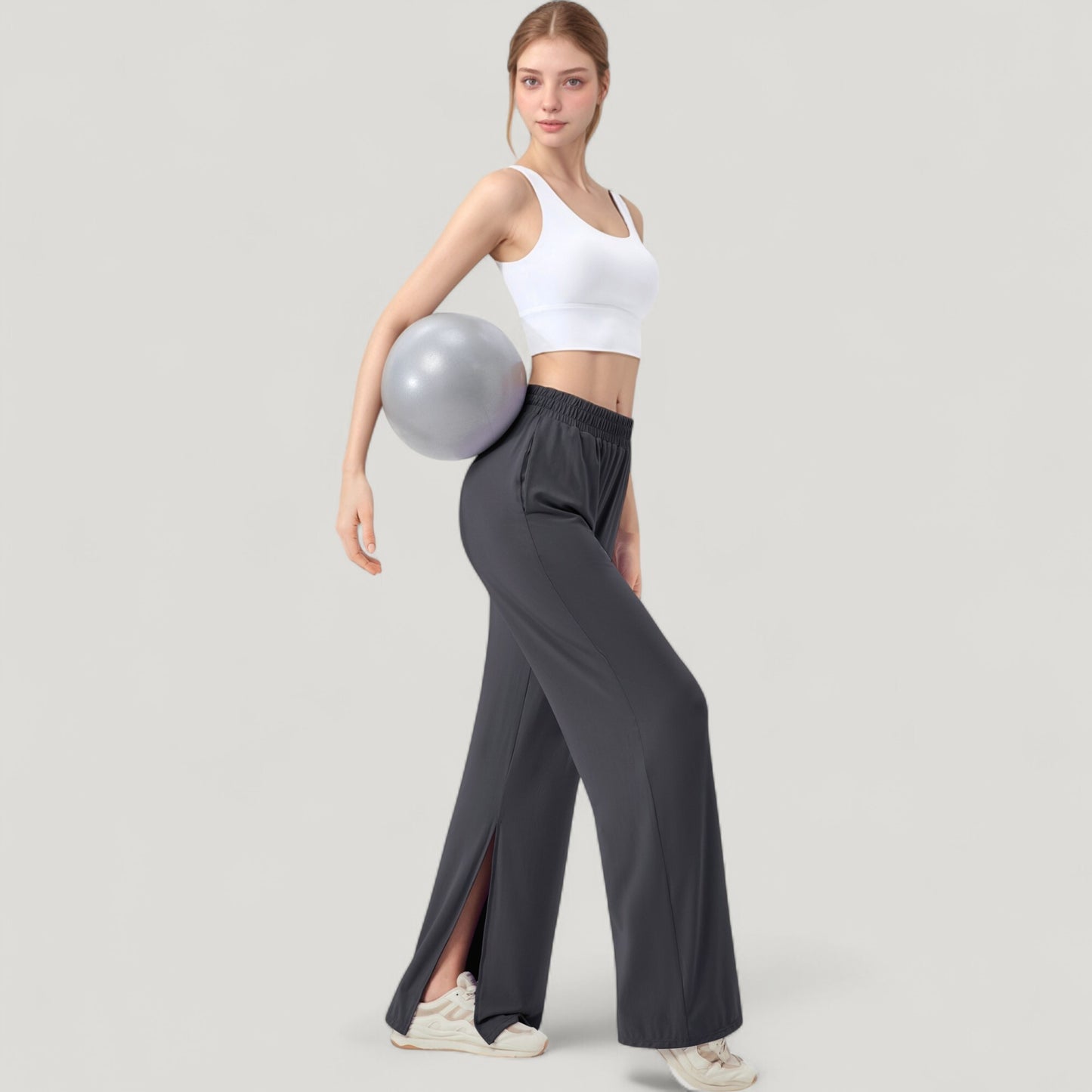 Anna-Kaci Active Women's Wide Leg Lounge Pants with Elastic Waistband and Side Slit Hem Detail