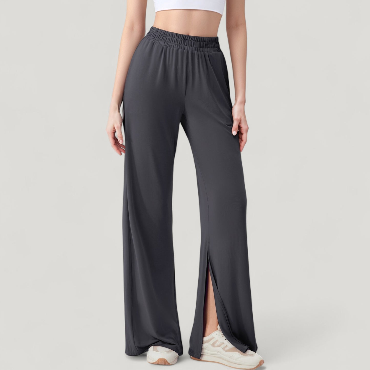Anna-Kaci Active Women's Wide Leg Lounge Pants with Elastic Waistband and Side Slit Hem Detail